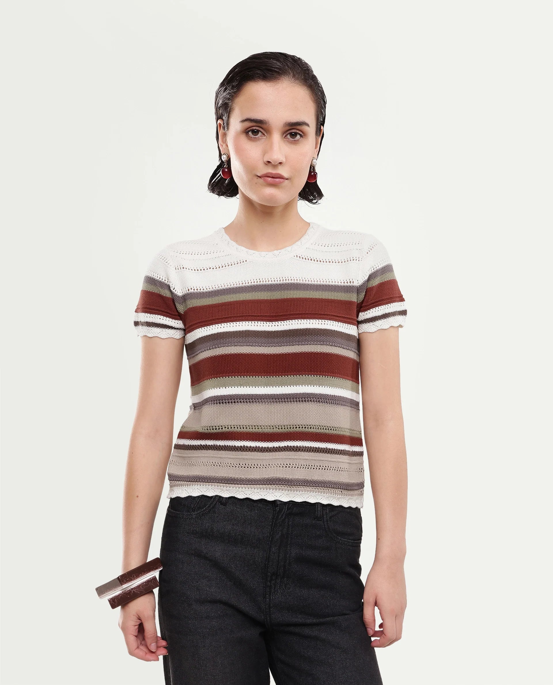 Rareism Women's Loco Off White Cotton Pull-On Relaxed Fit Striped Top