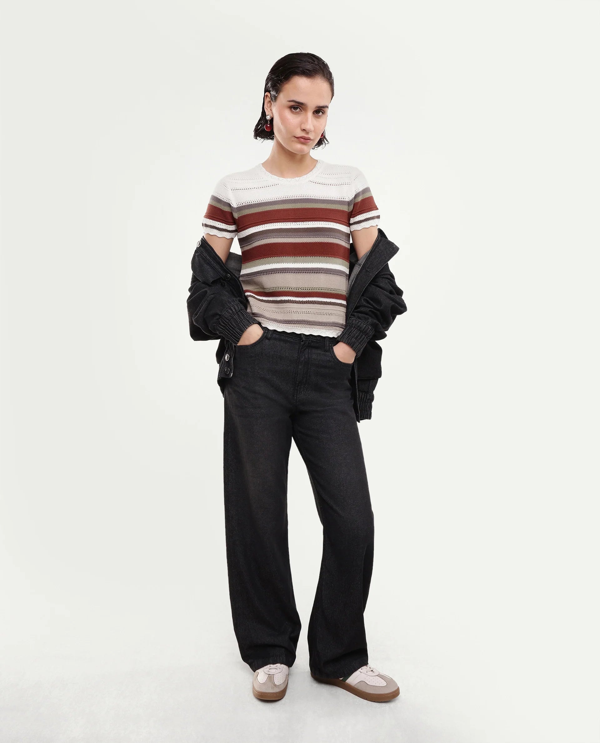Rareism Women's Loco Off White Cotton Pull-On Relaxed Fit Striped Top