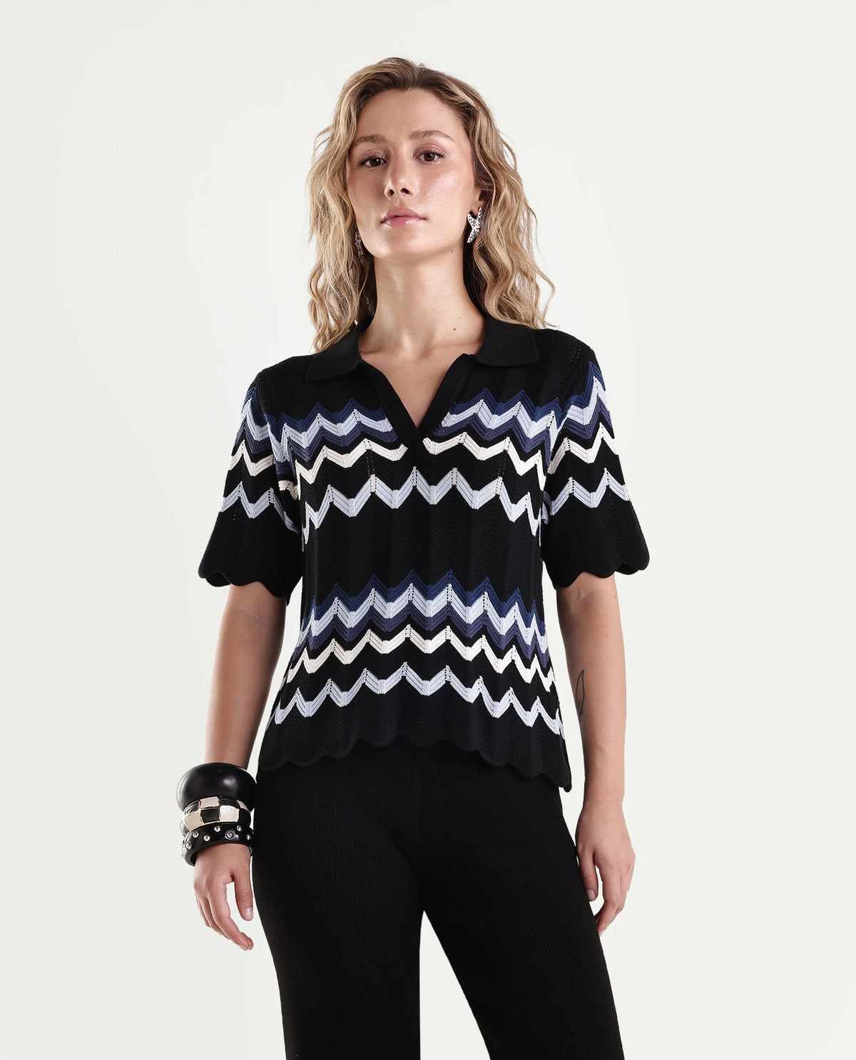 Rareism Women's Nuploaw26 Black Cotton Pull-On Regular Fit Striped Polo