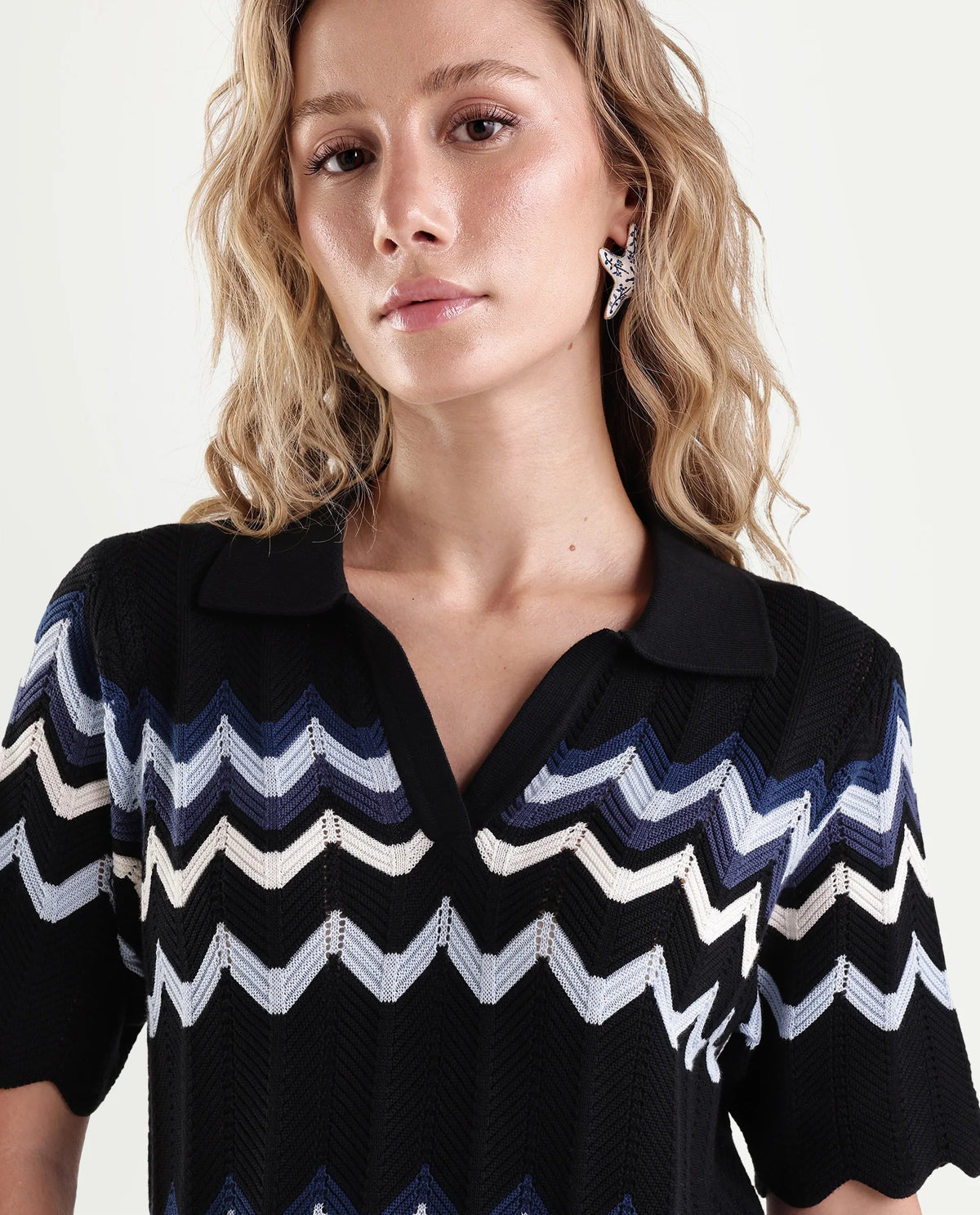 Rareism Women's Nuploaw26 Black Cotton Pull-On Regular Fit Striped Polo