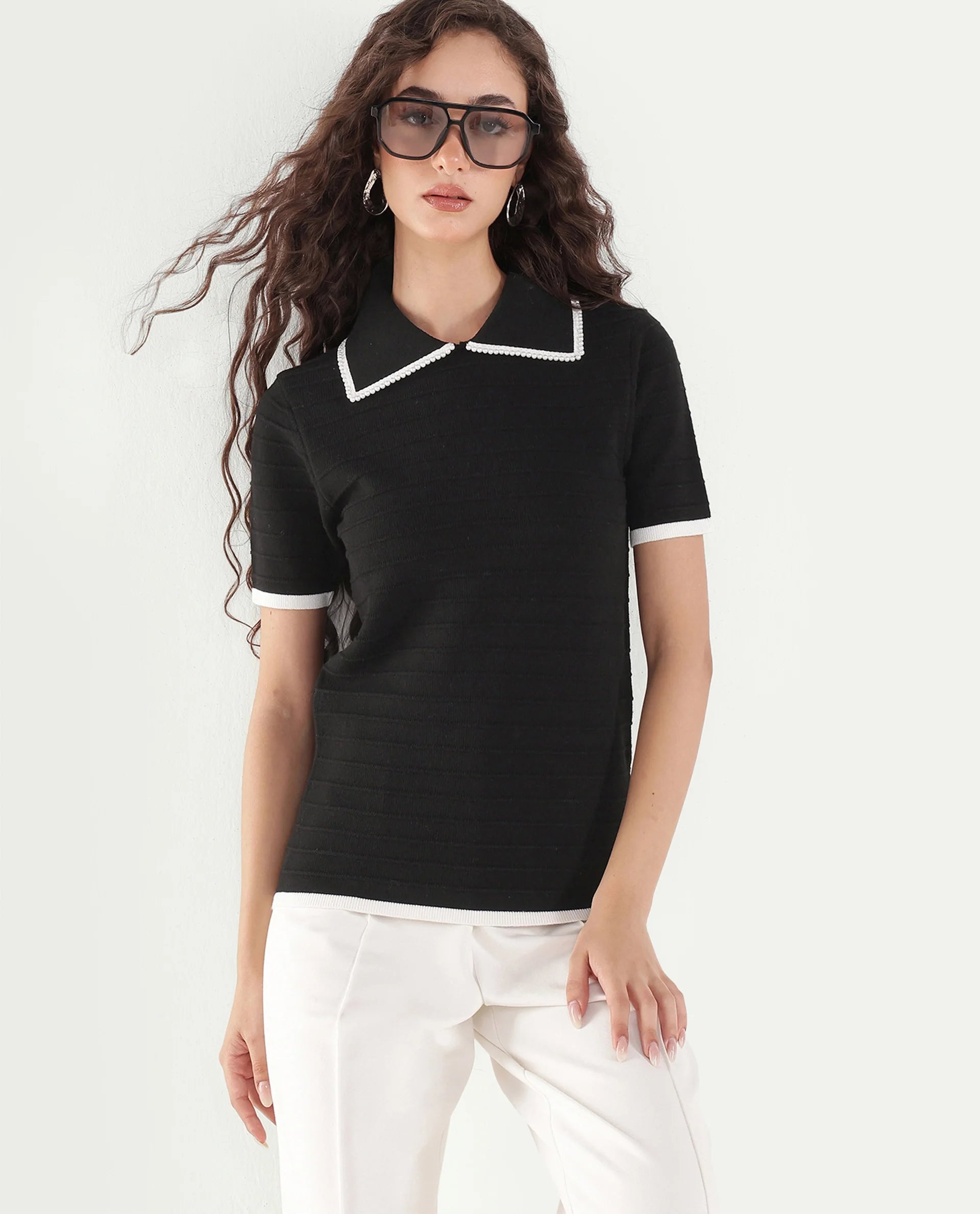 Rareism Women's Liza Black Viscose Blend Pull-On Regular Fit Striped Polo