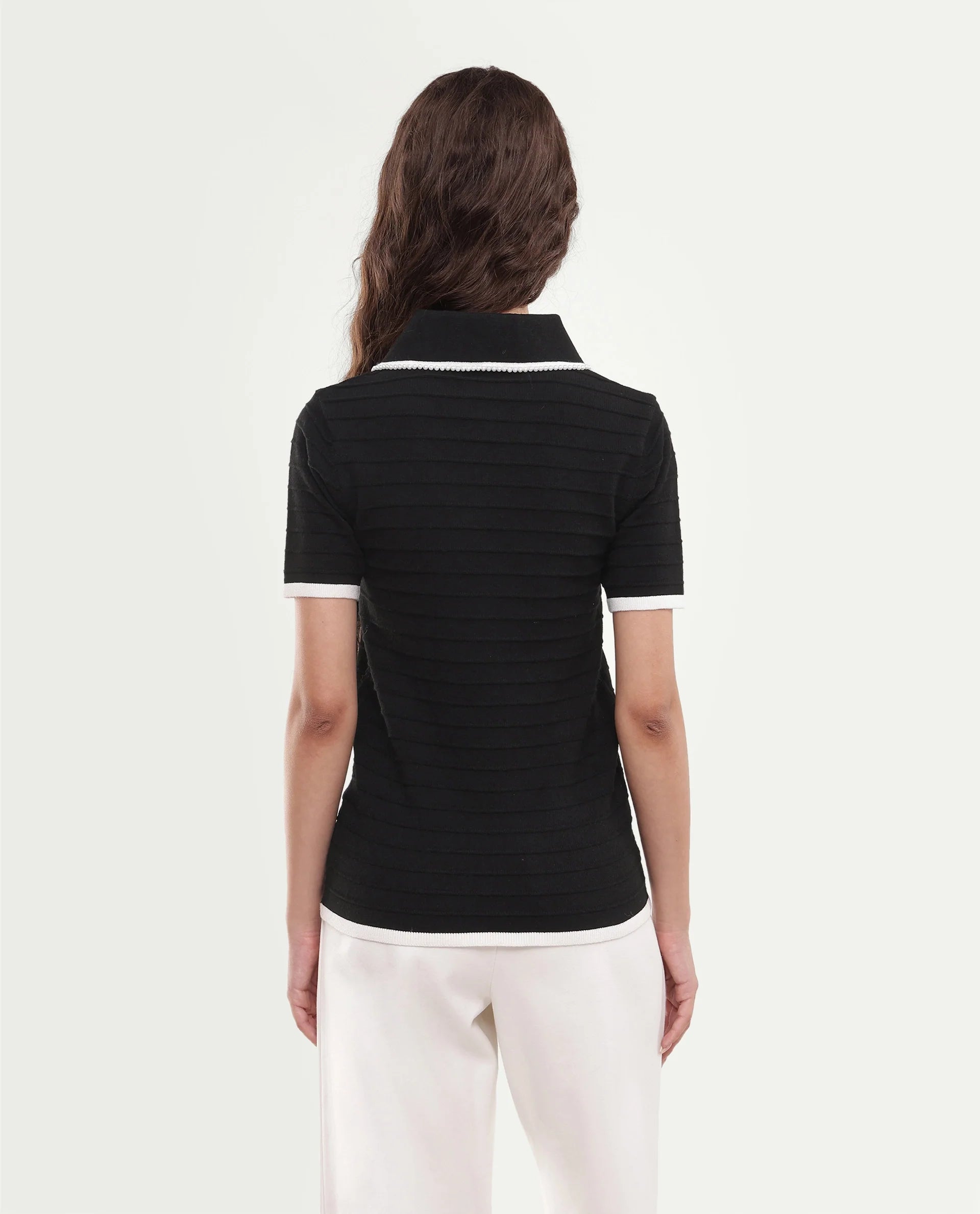 Rareism Women's Liza Black Viscose Blend Pull-On Regular Fit Striped Polo