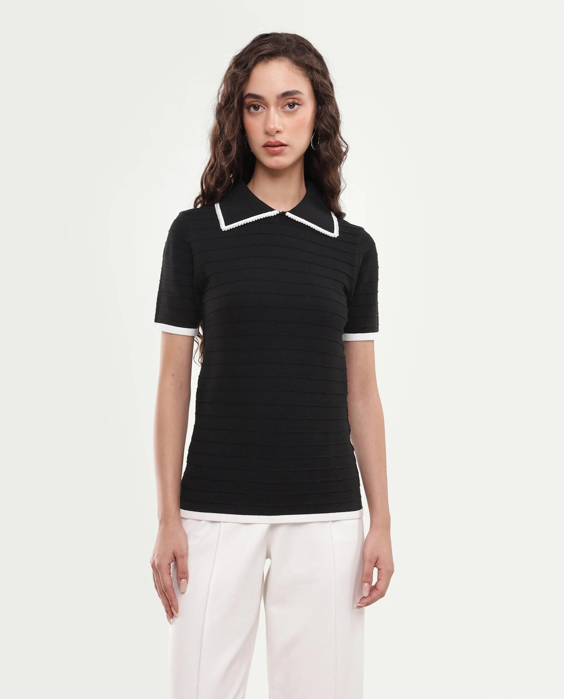 Rareism Women's Liza Black Viscose Blend Pull-On Regular Fit Striped Polo