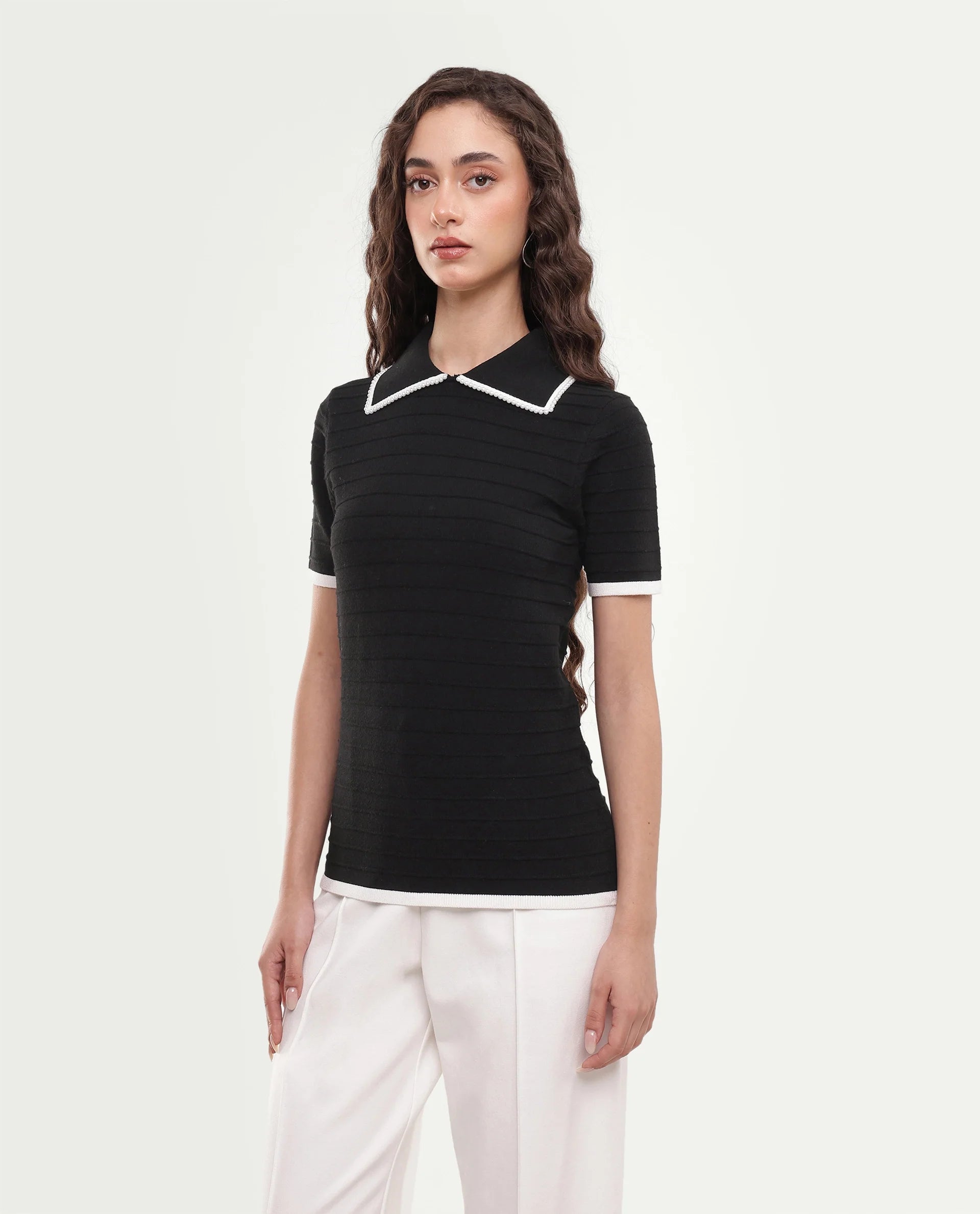 Rareism Women's Liza Black Viscose Blend Pull-On Regular Fit Striped Polo