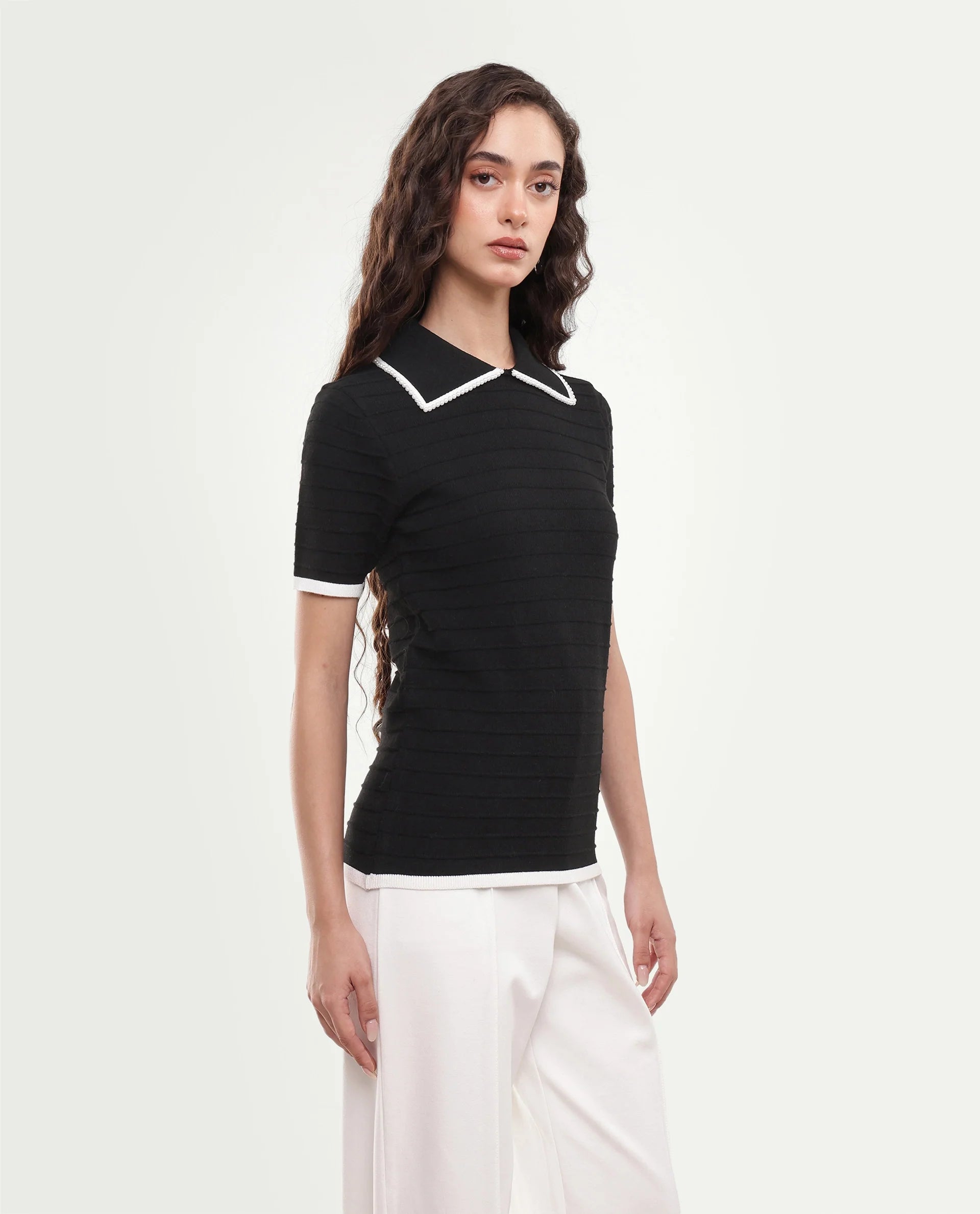 Rareism Women's Liza Black Viscose Blend Pull-On Regular Fit Striped Polo