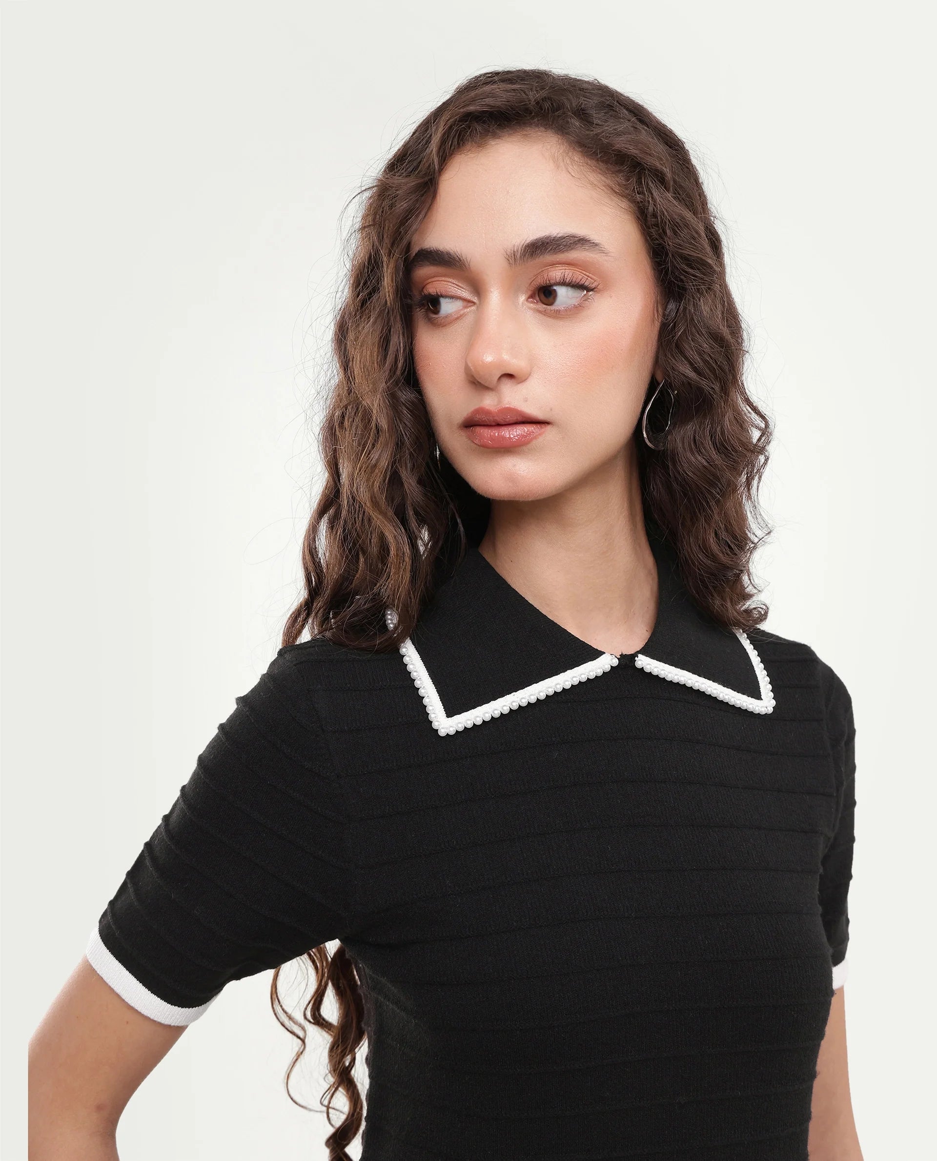Rareism Women's Liza Black Viscose Blend Pull-On Regular Fit Striped Polo