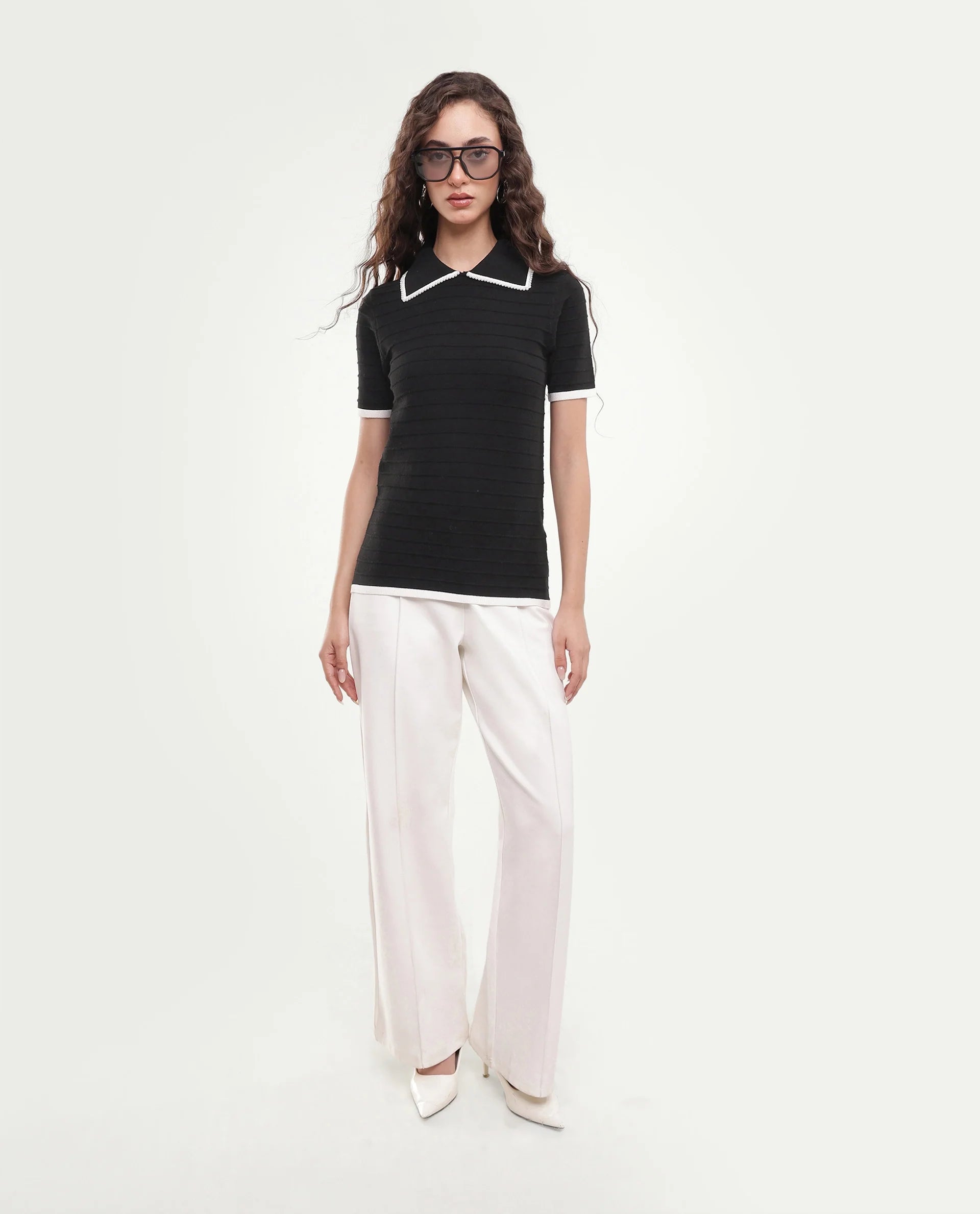 Rareism Women's Liza Black Viscose Blend Pull-On Regular Fit Striped Polo