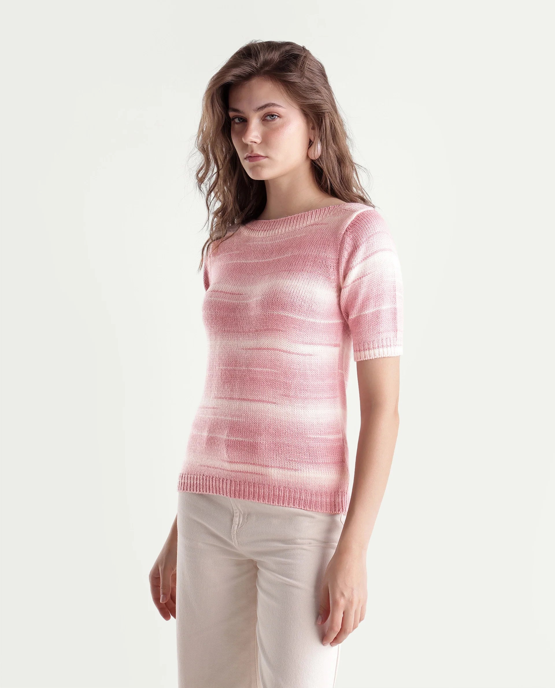 Rareism Women's Loho Light Pink Acrylic Pull-On Relaxed Fit Sweater