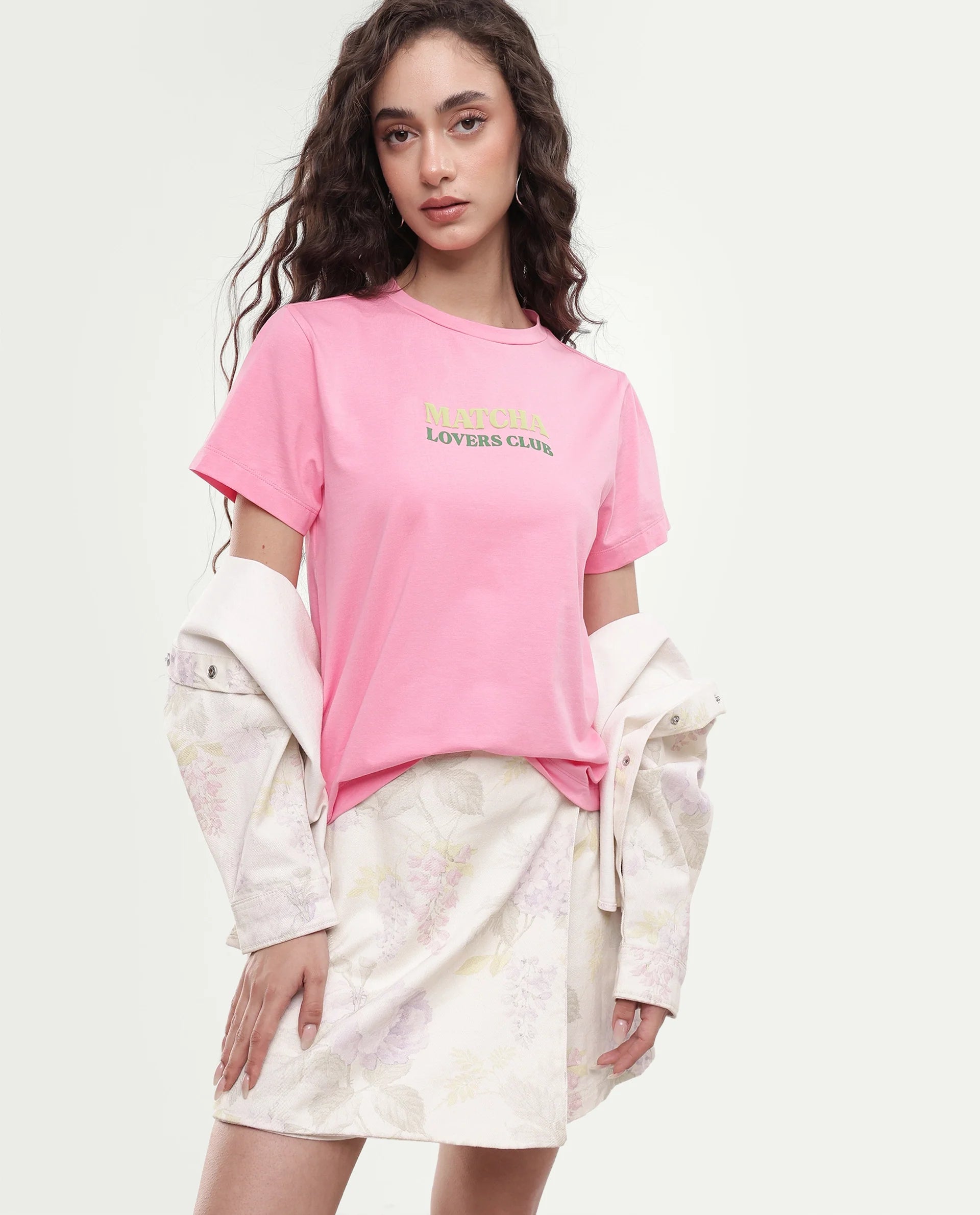 Rareism Women's Breeon Light Pink Typography Print Cotton Blend Regular Short Sleeves T-Shirt