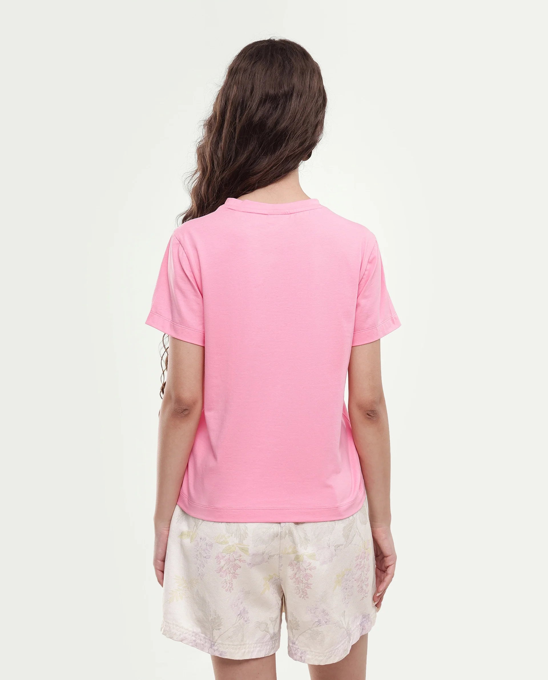 Rareism Women's Breeon Light Pink Typography Print Cotton Blend Regular Short Sleeves T-Shirt