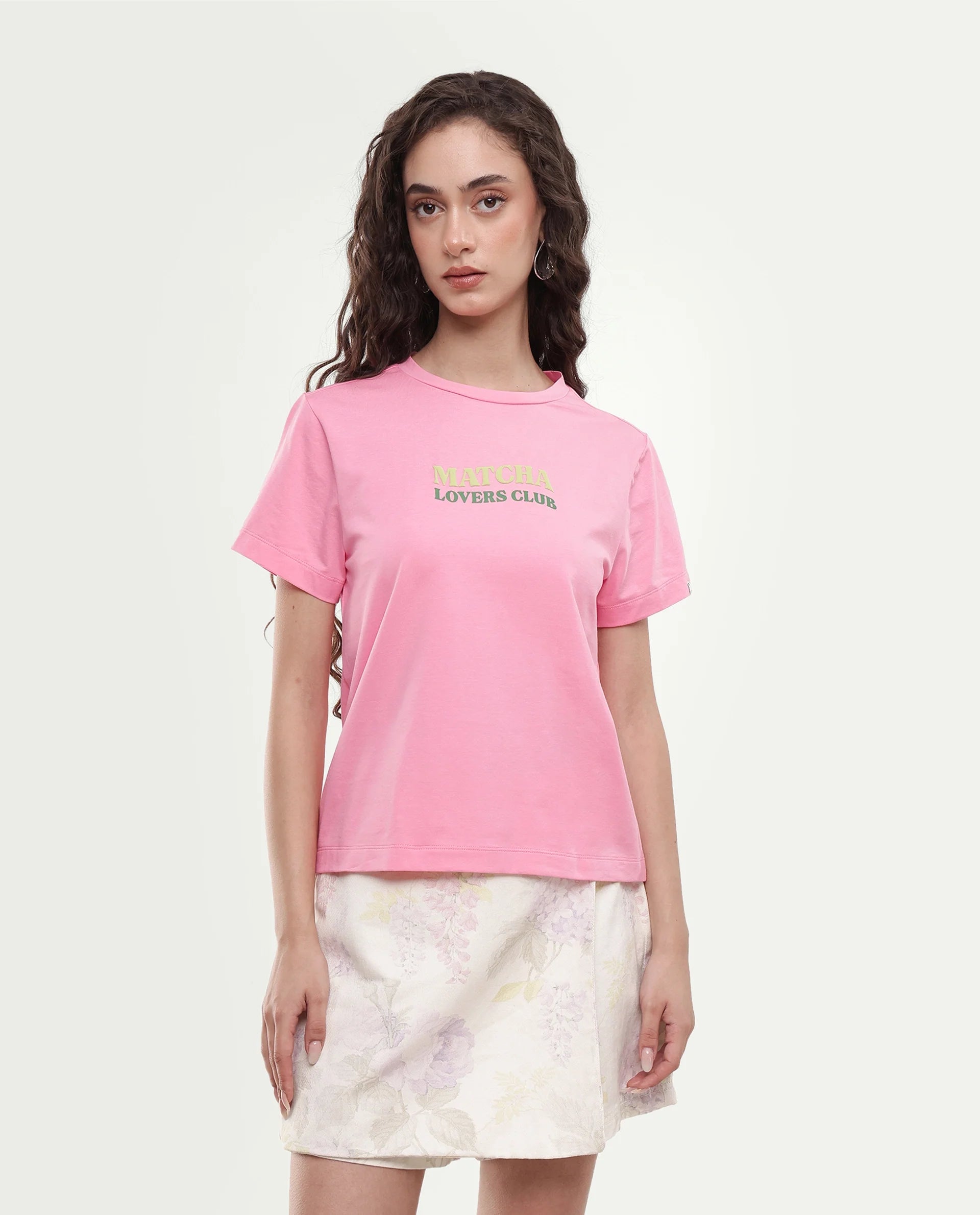 Rareism Women's Breeon Light Pink Typography Print Cotton Blend Regular Short Sleeves T-Shirt