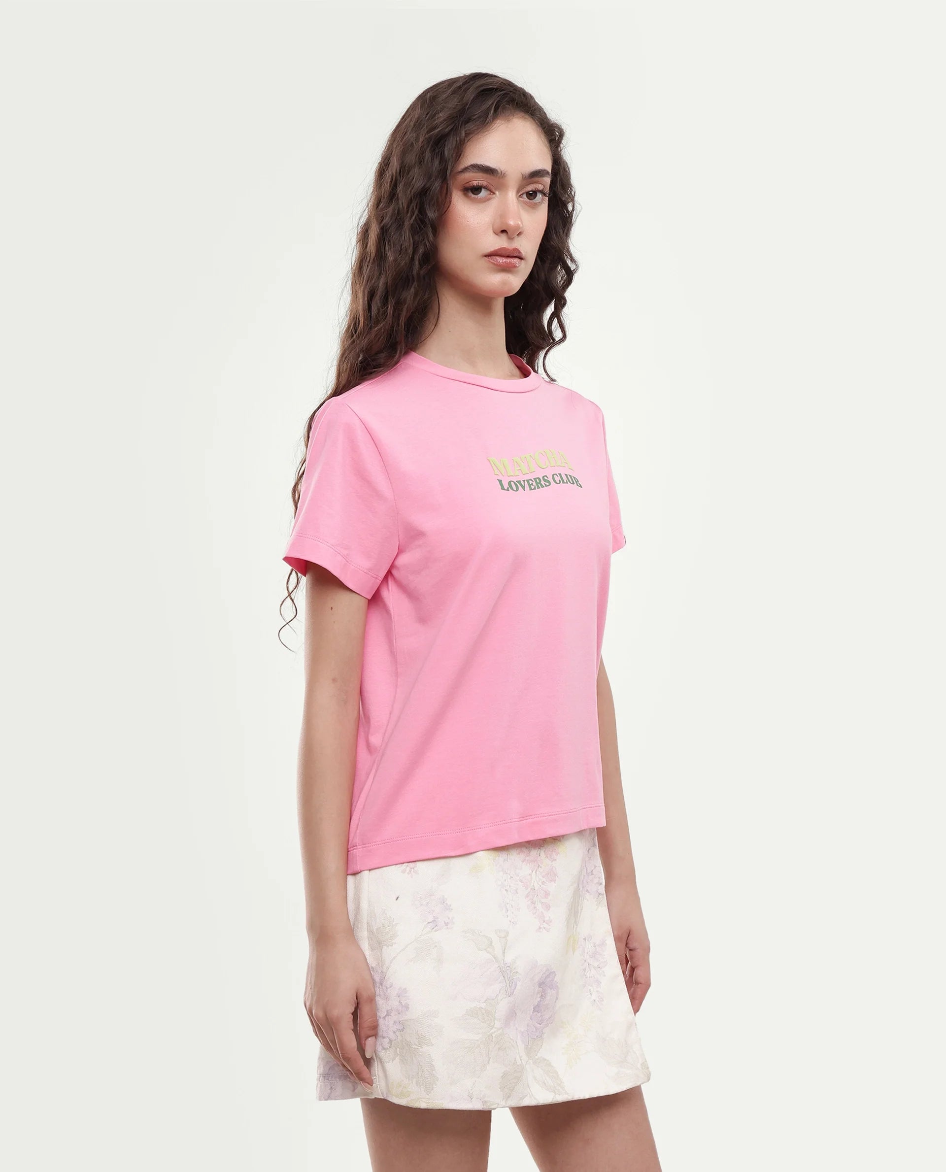 Rareism Women's Breeon Light Pink Typography Print Cotton Blend Regular Short Sleeves T-Shirt