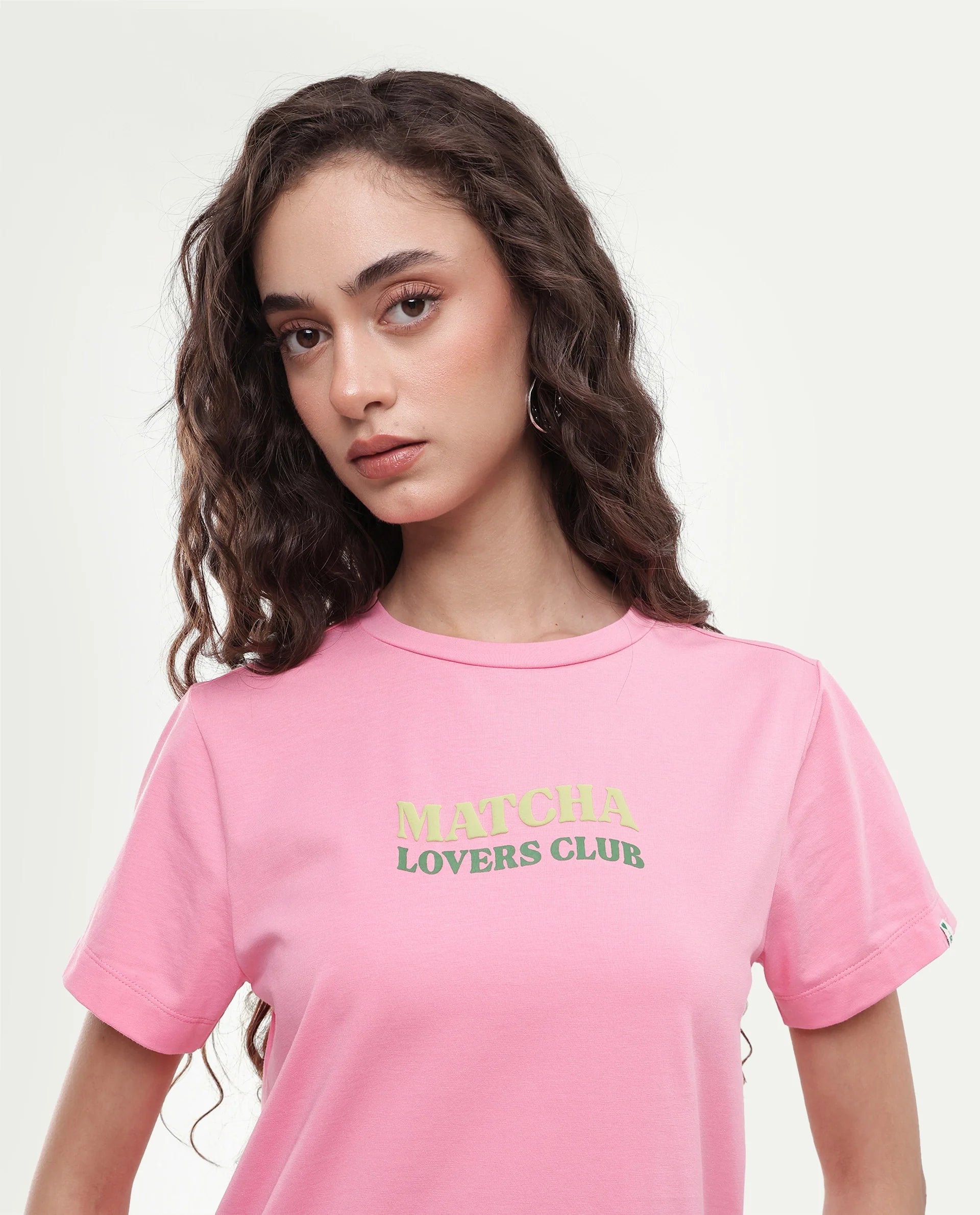 Rareism Women's Breeon Light Pink Typography Print Cotton Blend Regular Short Sleeves T-Shirt