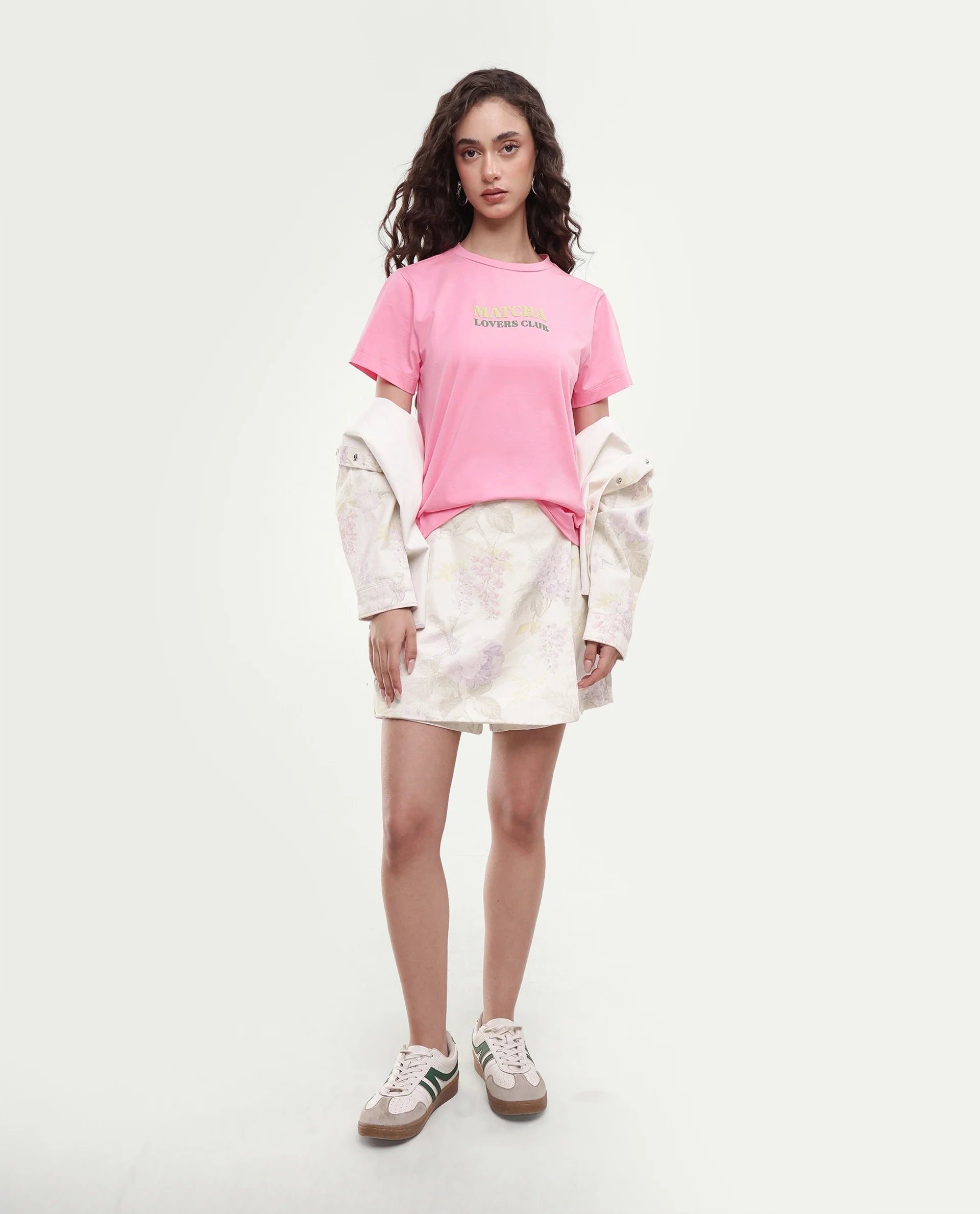 Rareism Women's Breeon Light Pink Typography Print Cotton Blend Regular Short Sleeves T-Shirt