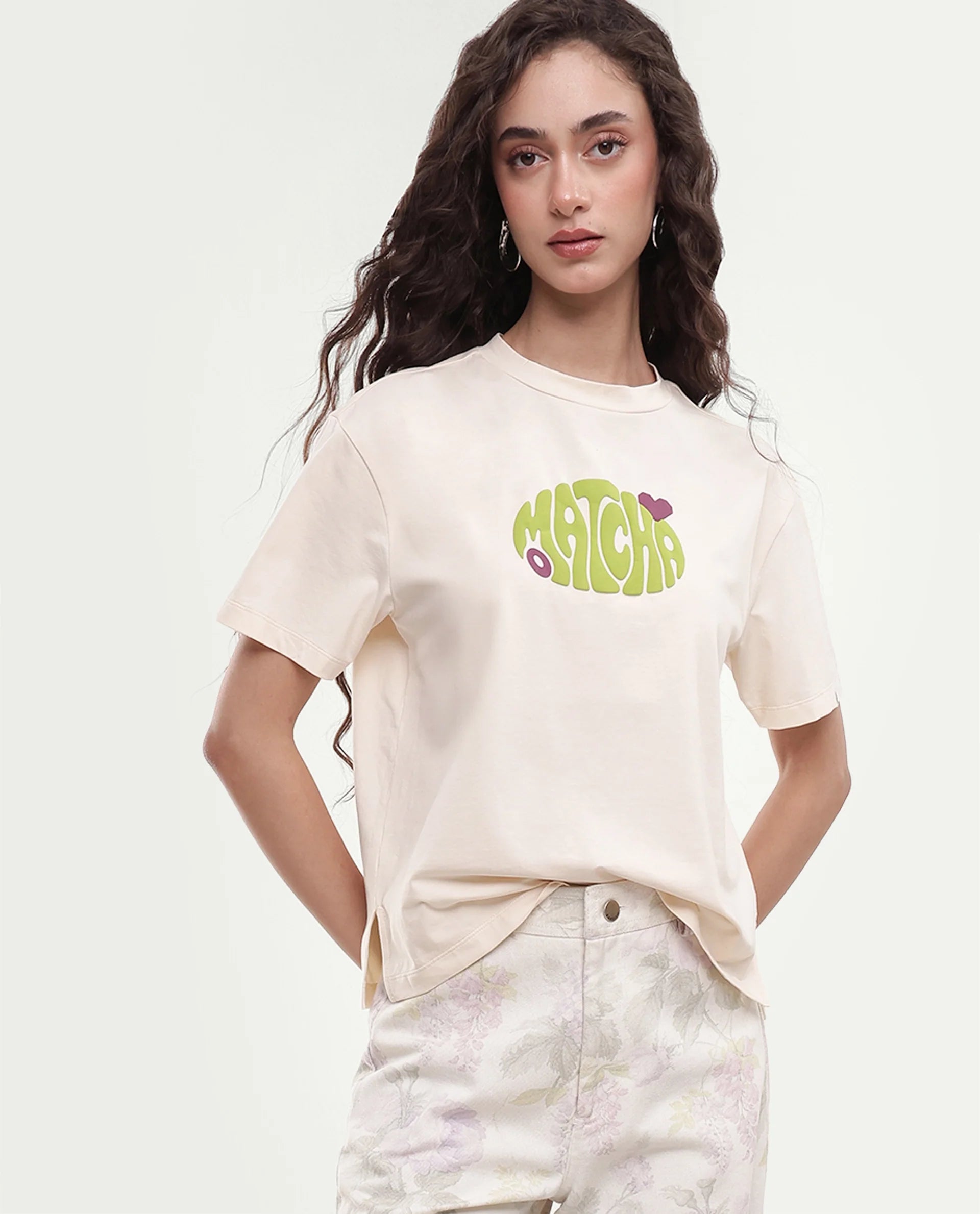Rareism Women's Breebo Light Beige Typography Cotton Blend Relaxed Short Sleeves T-Shirt