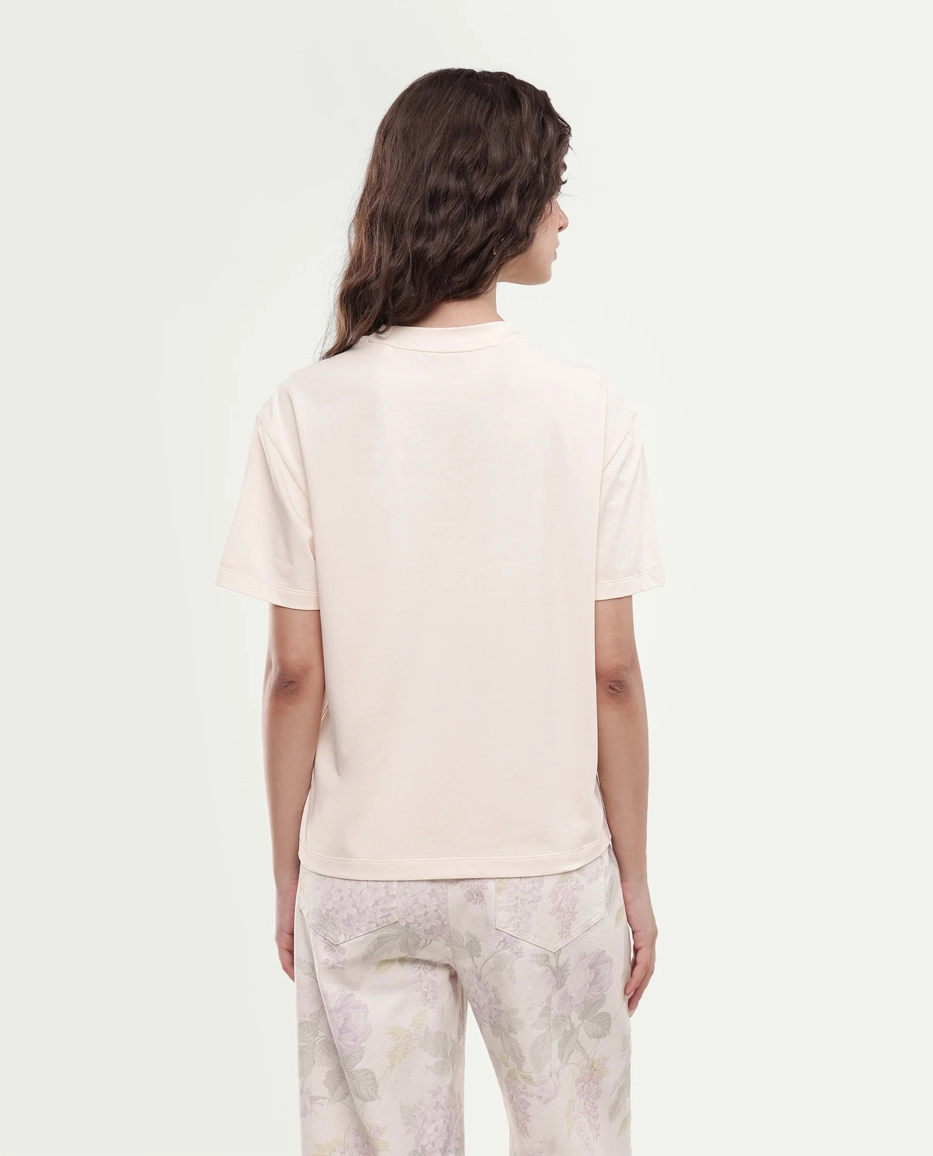 Rareism Women's Breebo Light Beige Typography Cotton Blend Relaxed Short Sleeves T-Shirt