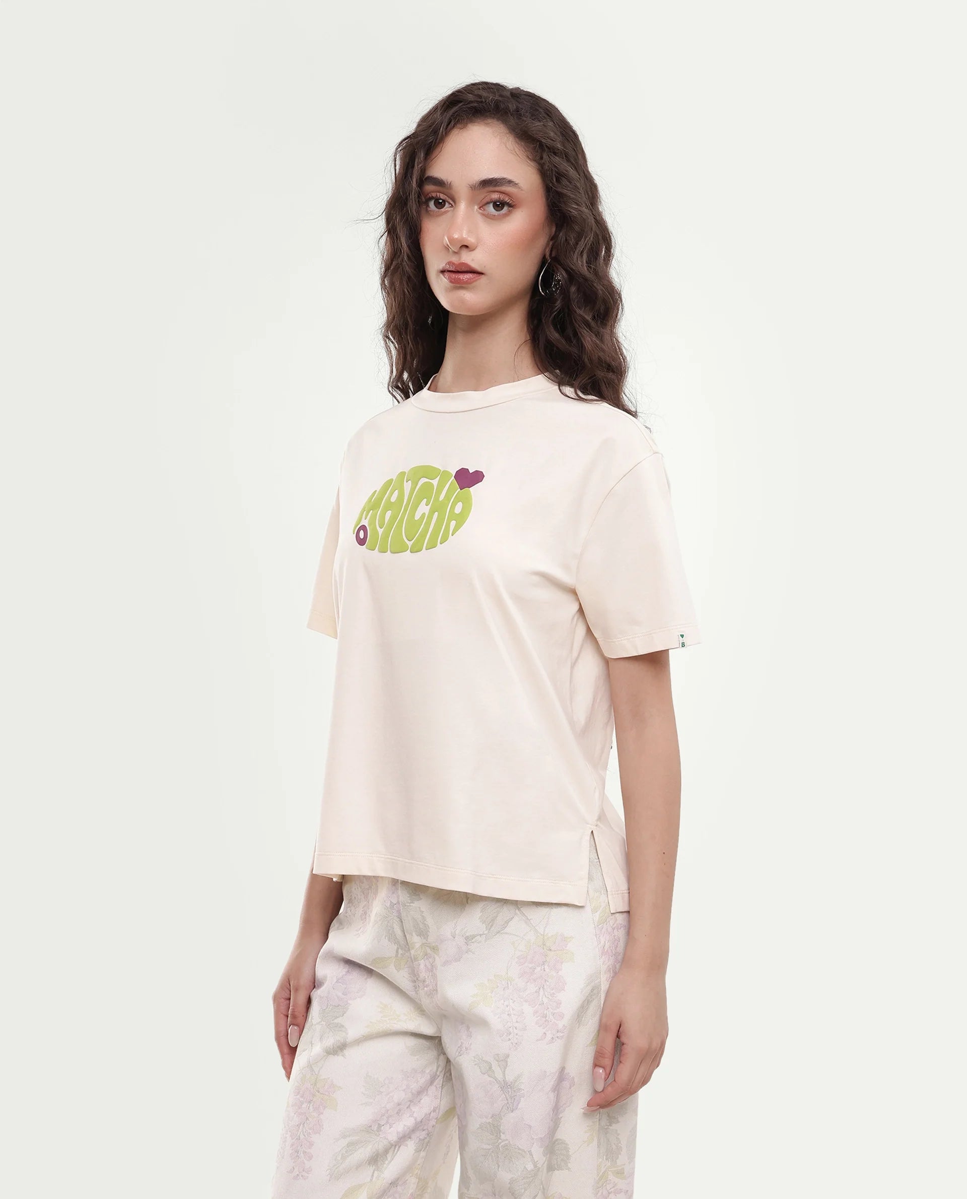 Rareism Women's Breebo Light Beige Typography Cotton Blend Relaxed Short Sleeves T-Shirt