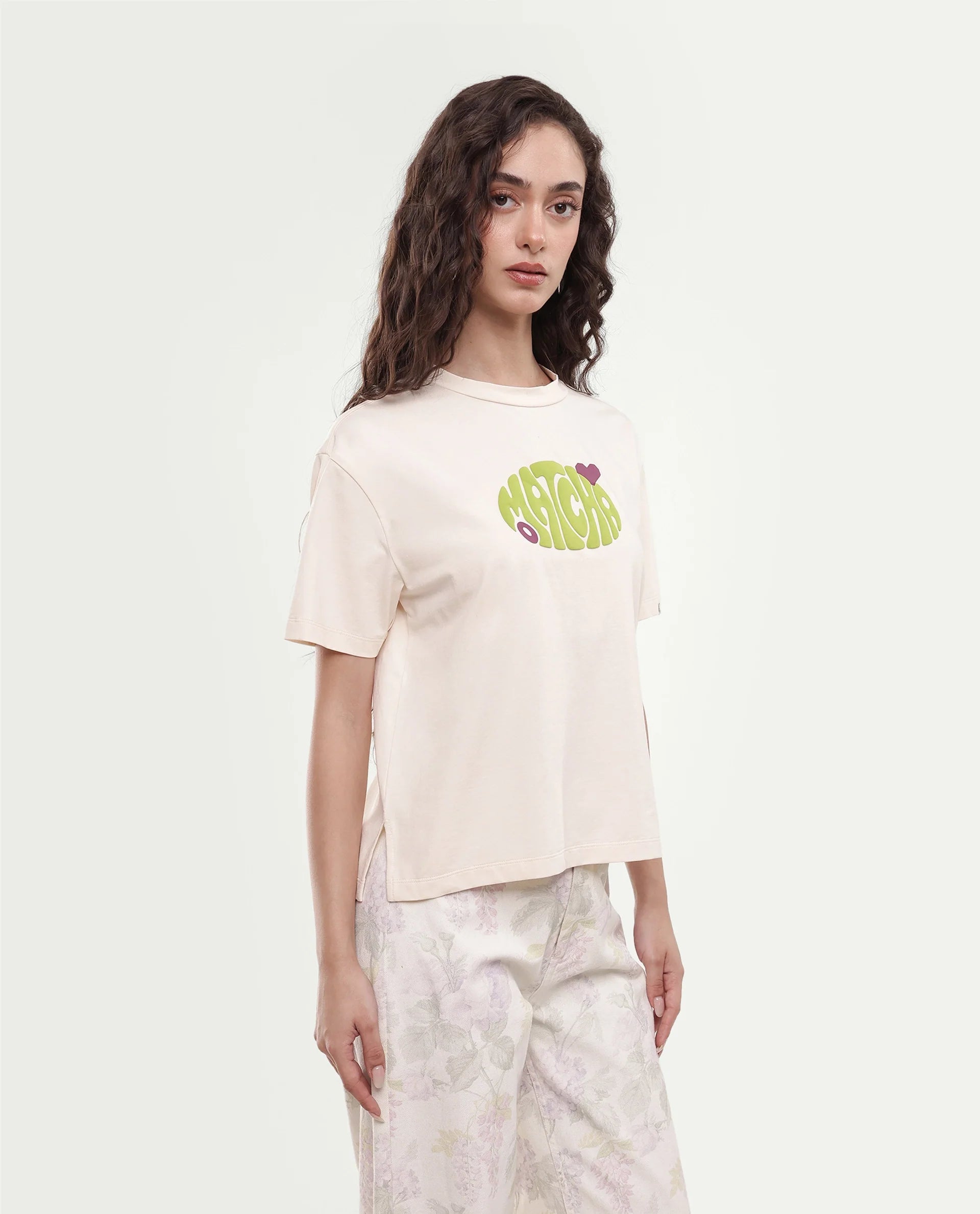 Rareism Women's Breebo Light Beige Typography Cotton Blend Relaxed Short Sleeves T-Shirt
