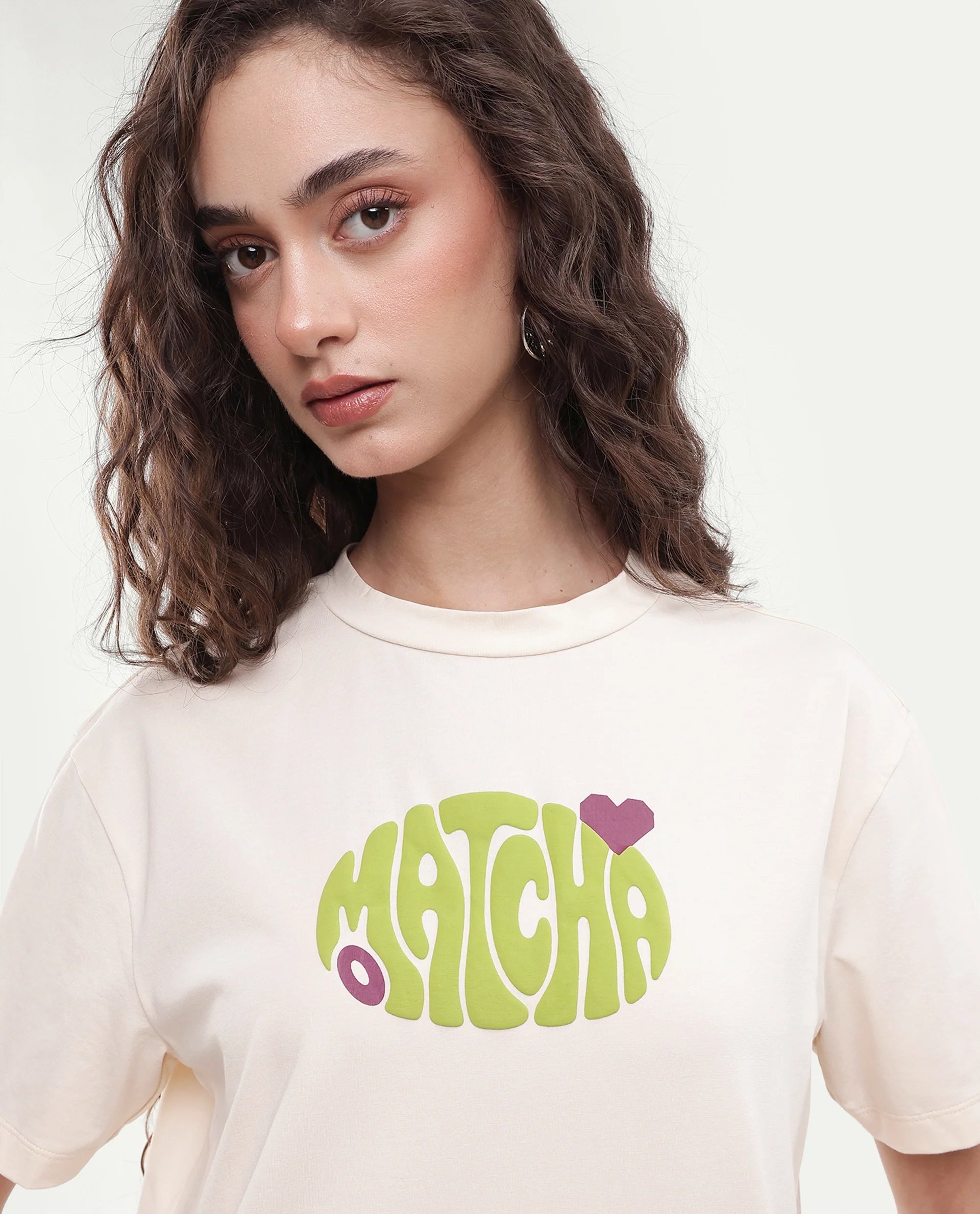 Rareism Women's Breebo Light Beige Typography Cotton Blend Relaxed Short Sleeves T-Shirt