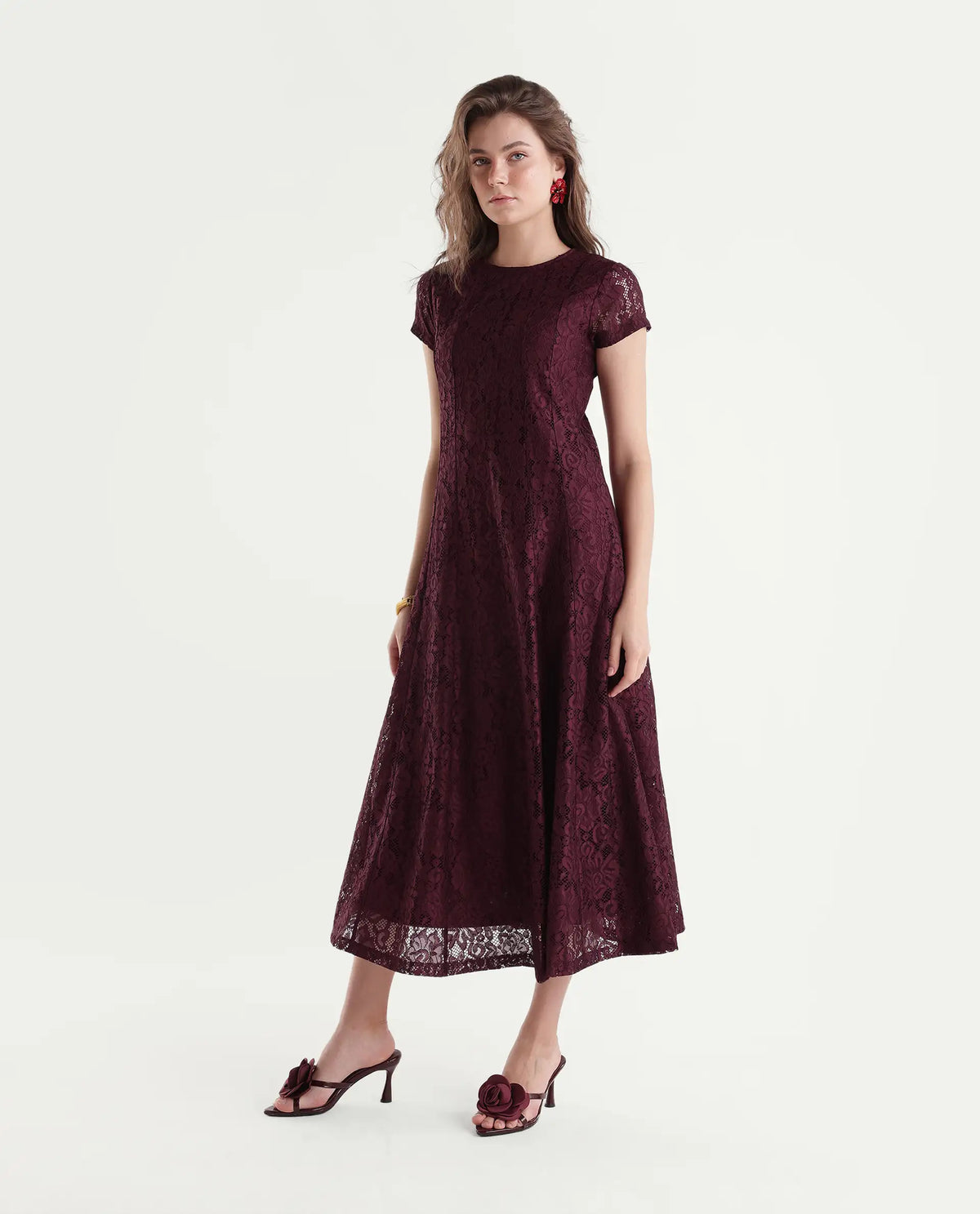Rareism Women's Ghana MAROON Nylon Zipper Fit And Flare Dress