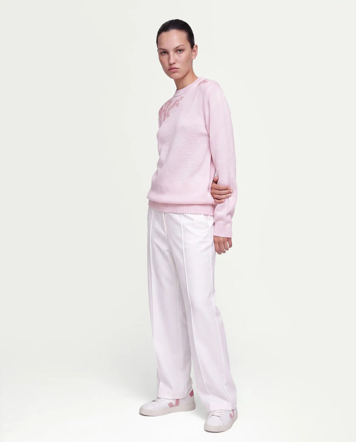 Rareism Women's Lojo Dusky Pink Acrylic Blend Pull-On Relaxed Fit Floral Print Sweater
