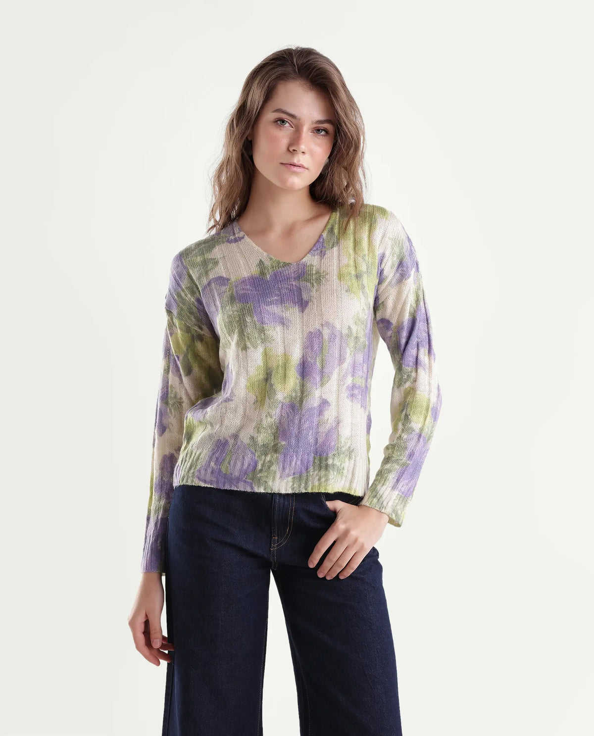 Rareism Women's Lassy Light Multi Acrylic Blend Pull-On Relaxed Fit Floral Print Sweater