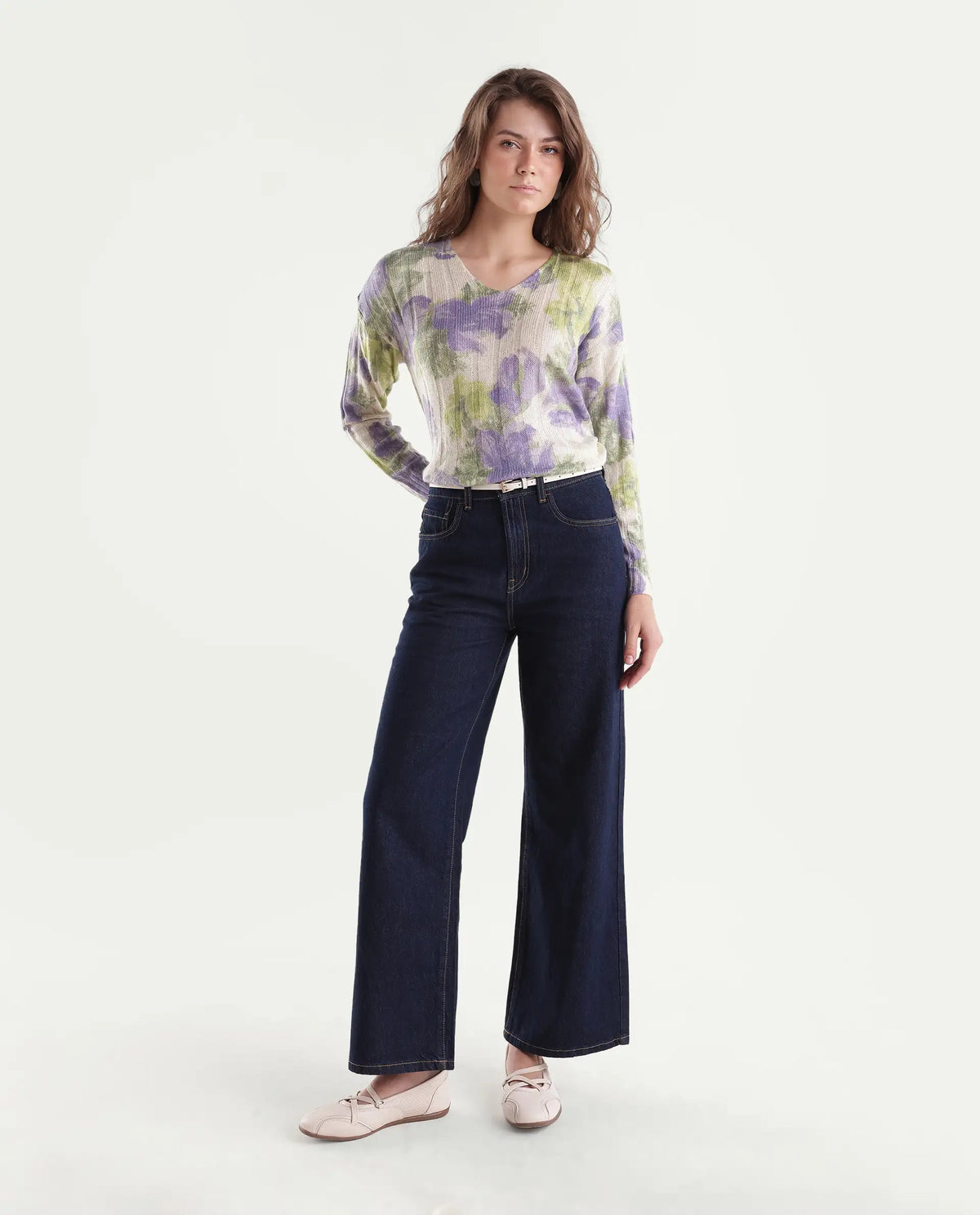 Rareism Women's Lassy Light Multi Acrylic Blend Pull-On Relaxed Fit Floral Print Sweater