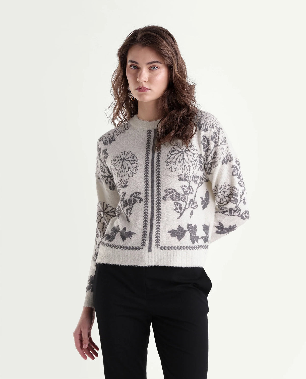 Rareism Women's Lerro Off White Nylon Blend Pull-On Relaxed Fit Floral Print Sweater