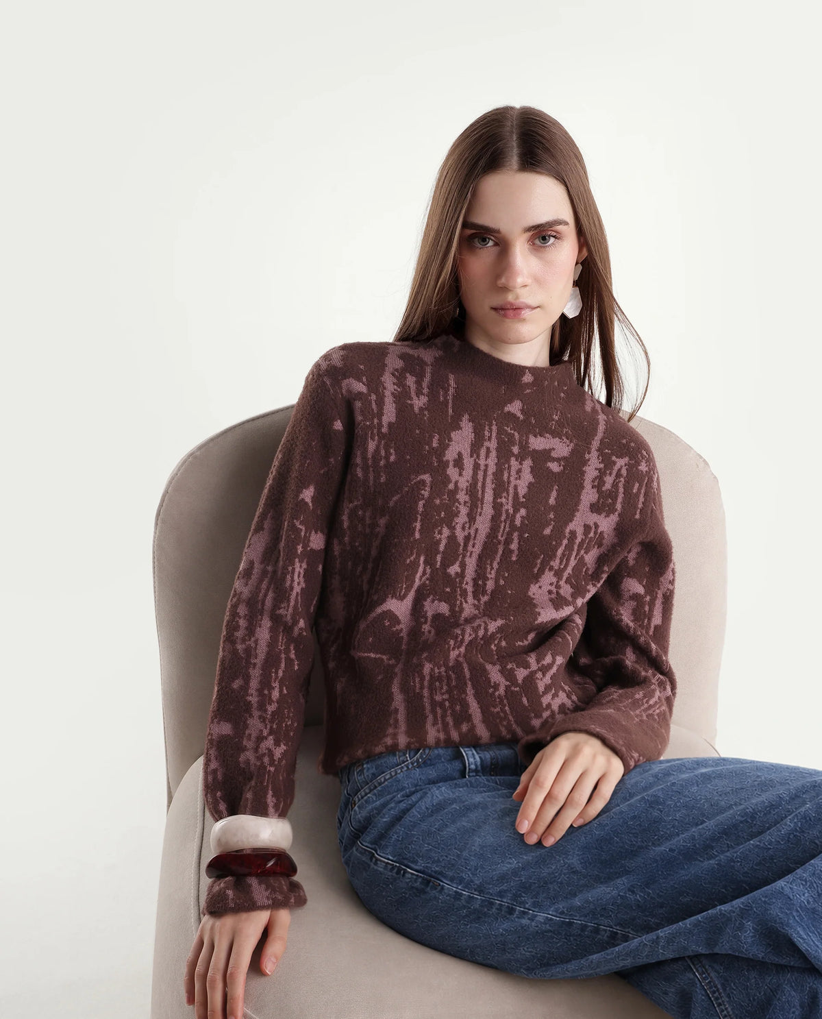 Rareism Women's Loddy Dark Brown Viscose Blend Pull-On Relaxed Fit Abstract Print Sweater - image 1