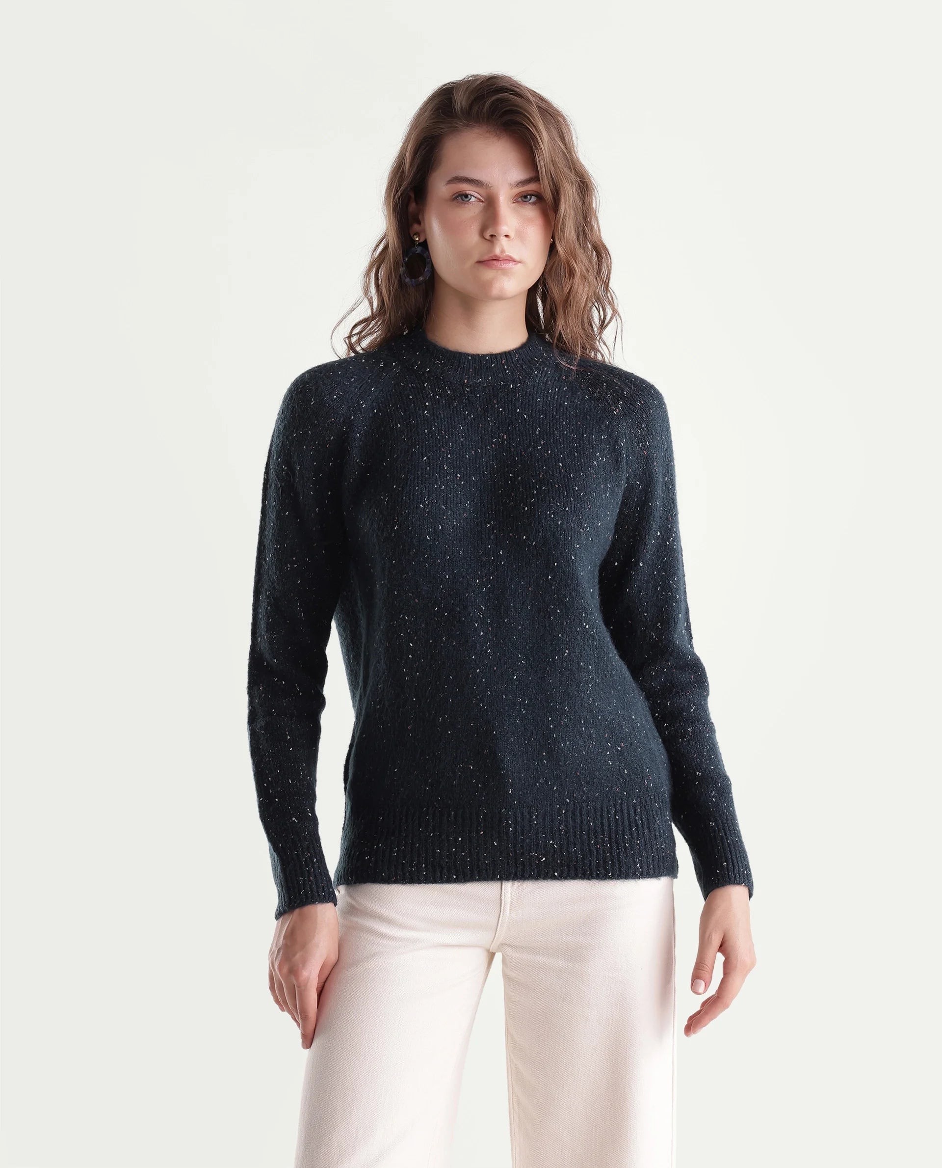 Rareism Women's Tinzolaw26 Dark Navy Acrylic Blend Pull-On Relaxed Fit Plain Sweater