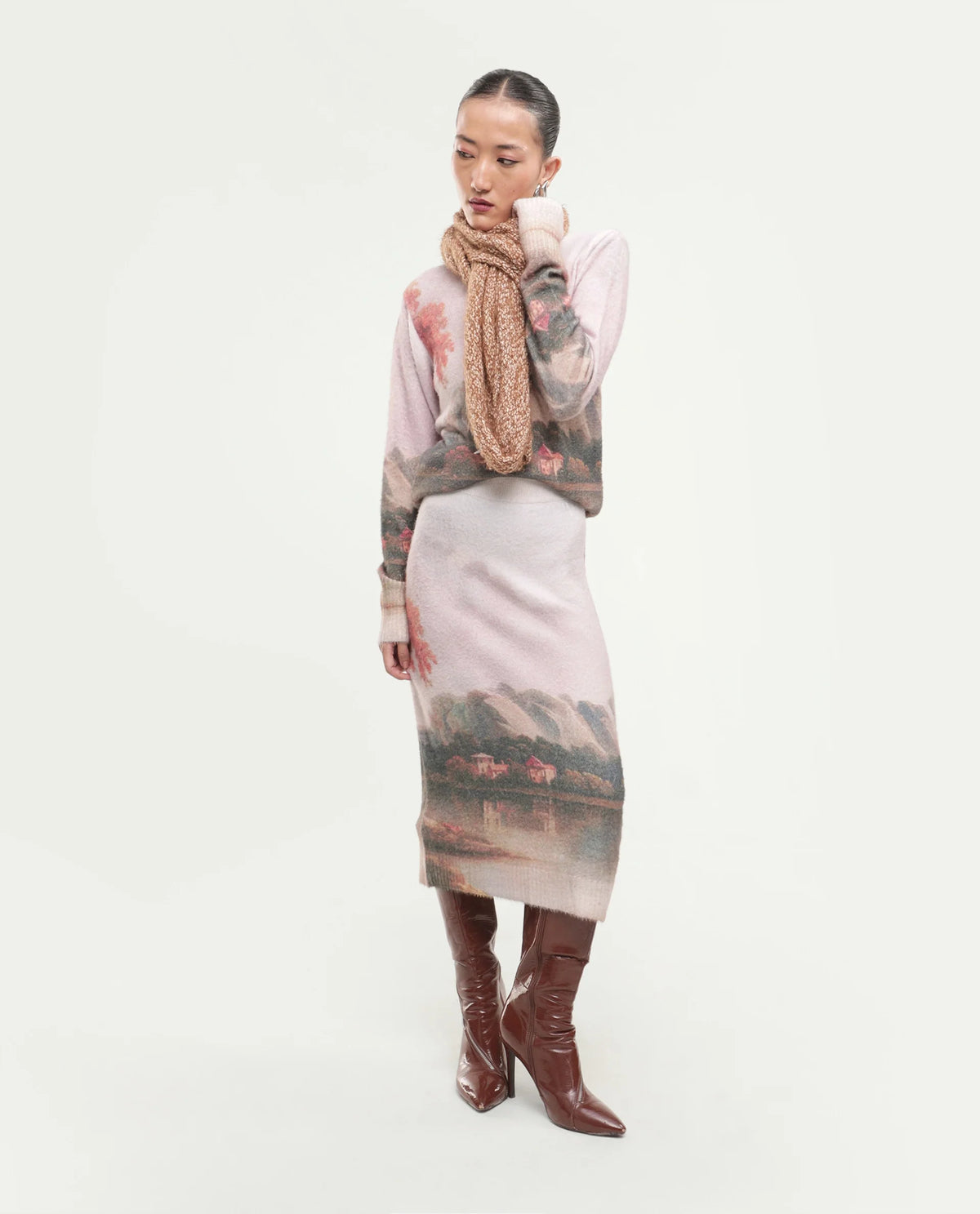 Rareism Women's Luro-B Dusky Multi Nylon Blend Pull-On Straight Printed Skirt