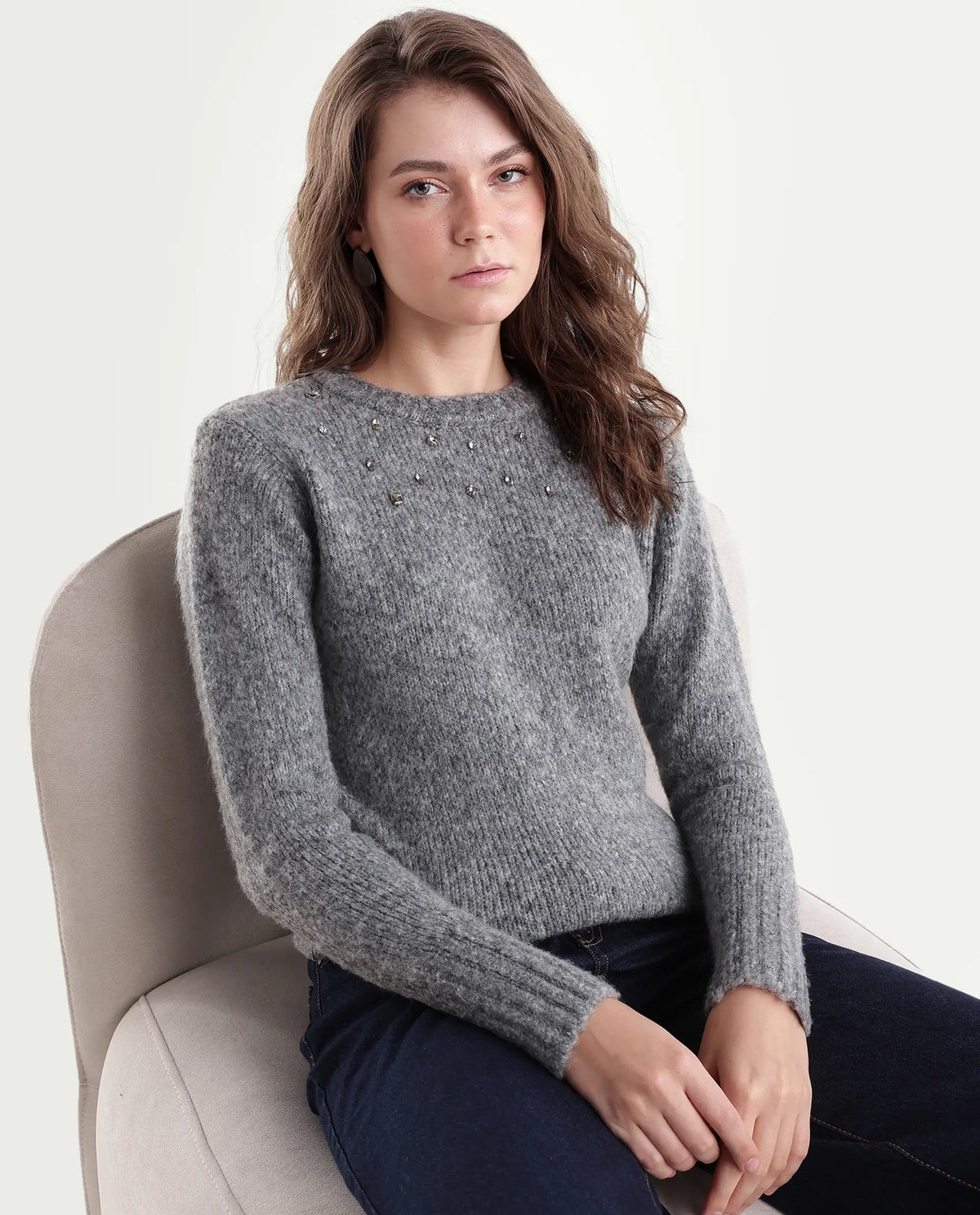 Rareism Women's Livay Light Grey Acrylic Blend Pull-On Regular Fit Plain Sweater