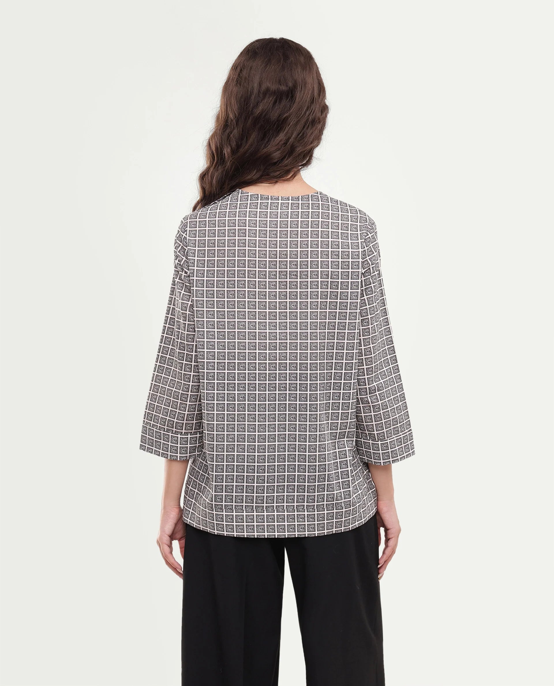 Rareism Women's Mahj Beige Geometric Cotton A-Line Three Quarter Sleeve Top