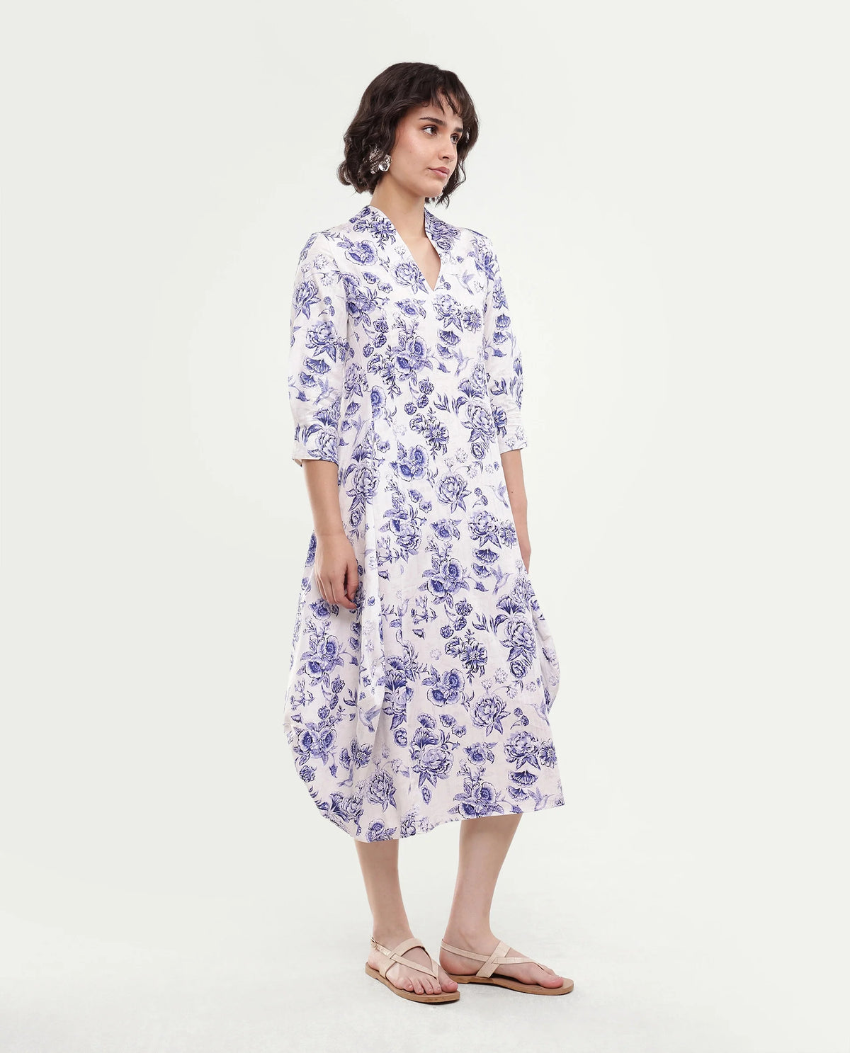 Rareism Women's Manda Beige Floral Cotton A-Line Three Quarter Sleeve Dress