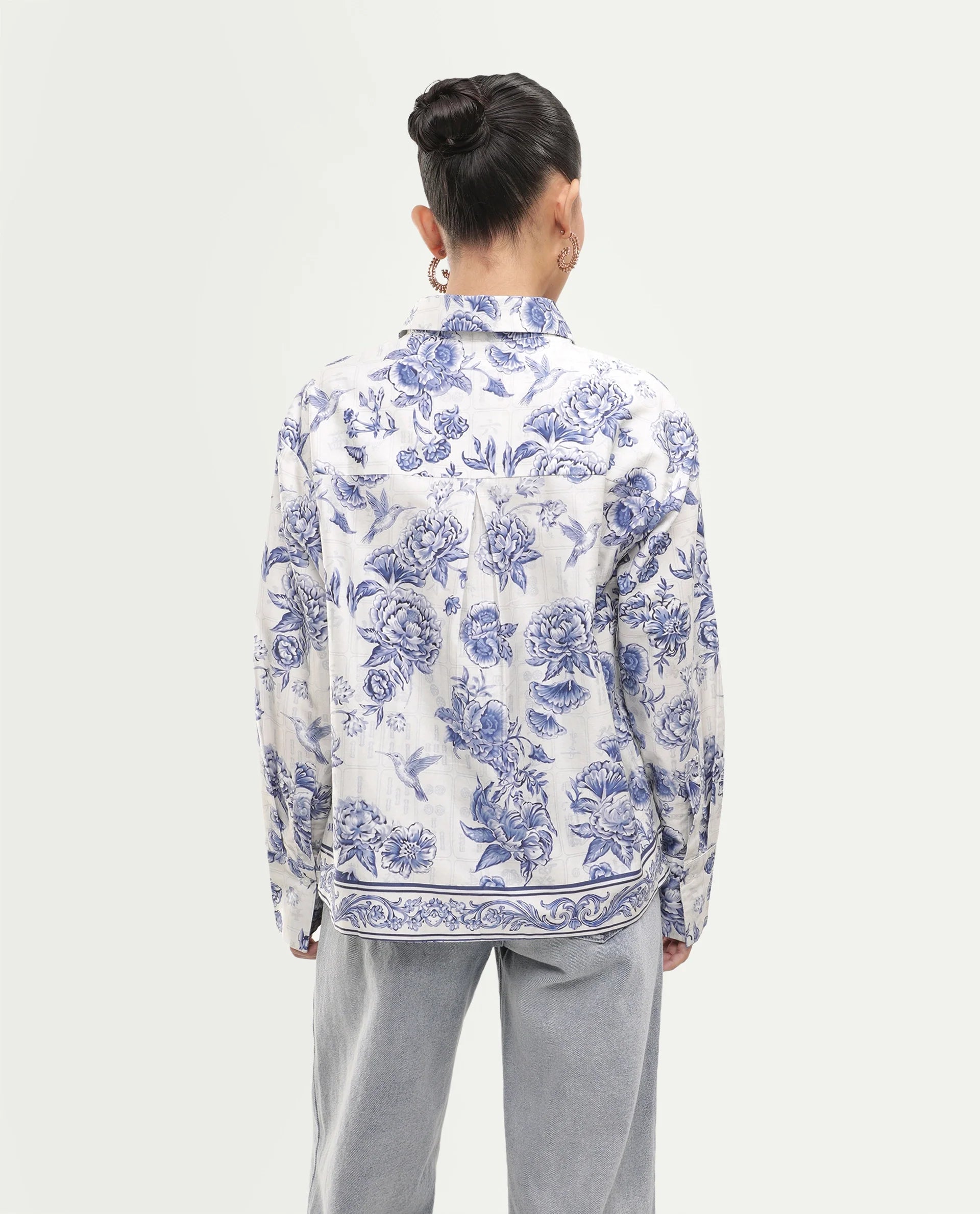 Rareism Women's Mandro Beige Cotton Button Relaxed Fit Floral Print Shirt
