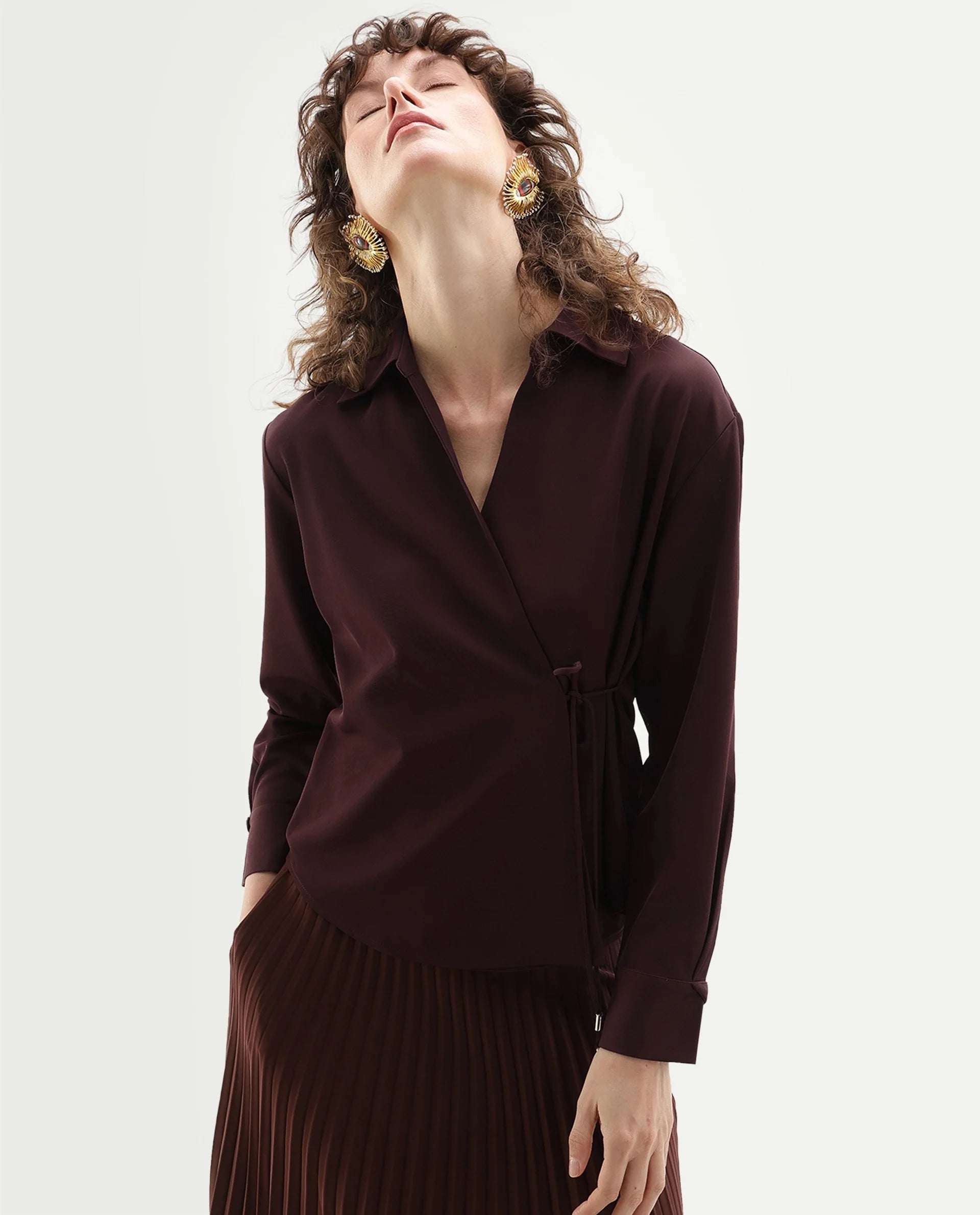 Rareism Women's Qansu-T Primary Brown Polyester Spread Collar Wrap Plain Top