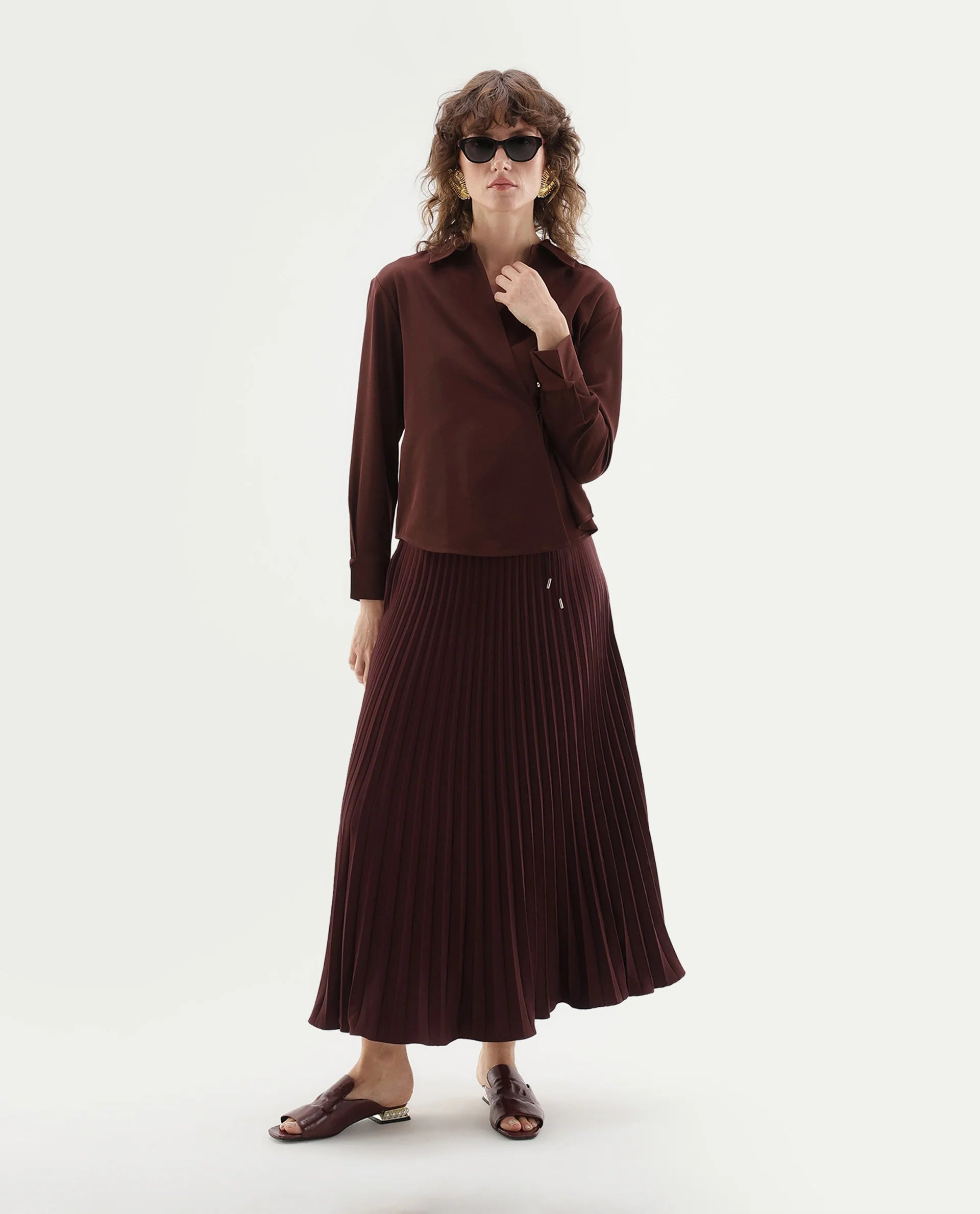 Rareism Women's Qansu-B Primary Brown Polyester Flared Plain Skirt