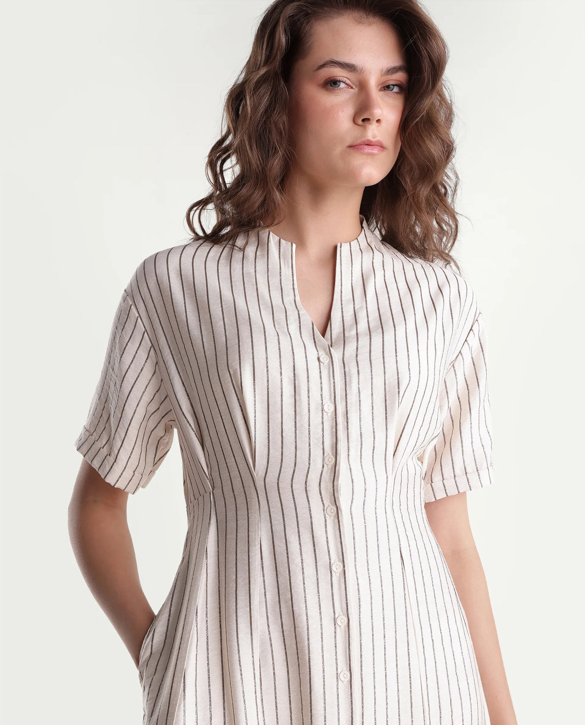 Rareism Women's Fisty Primary Beige Viscose Blend V-Neck Fit And Flare Striped Dress