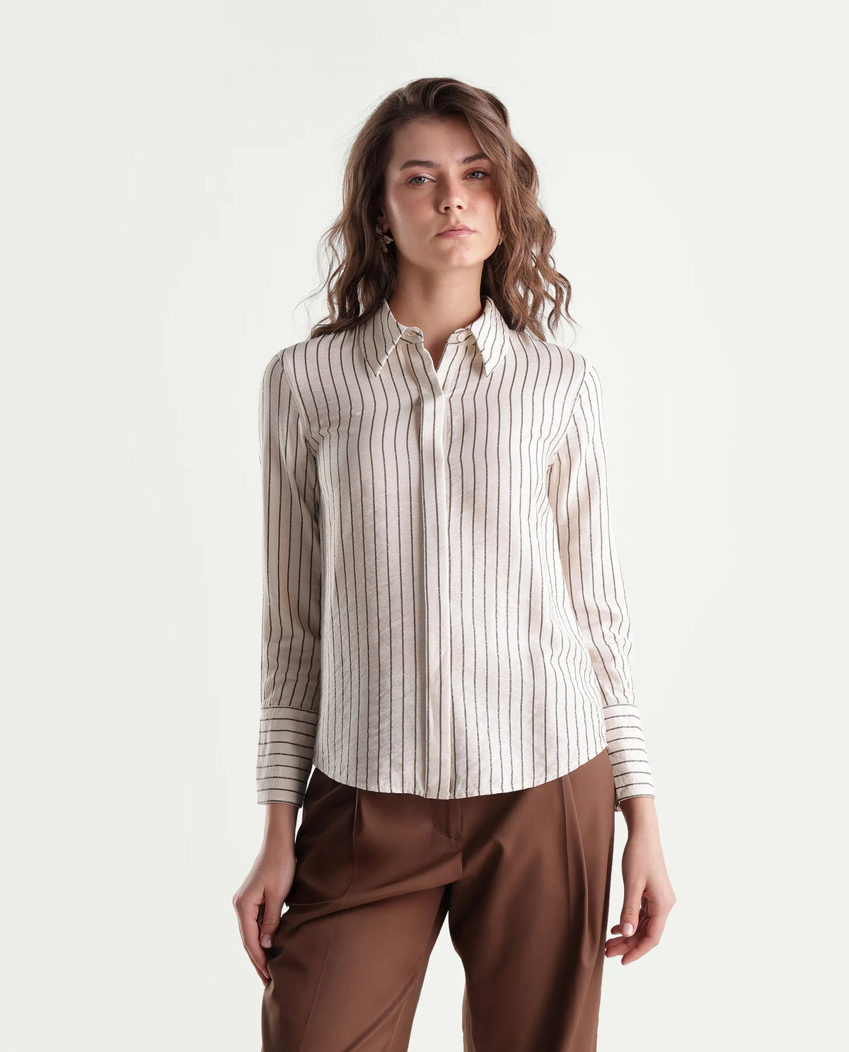 Rareism Women's Fist Primary Beige Viscose Blend Spread Collar Relaxed Striped Shirt