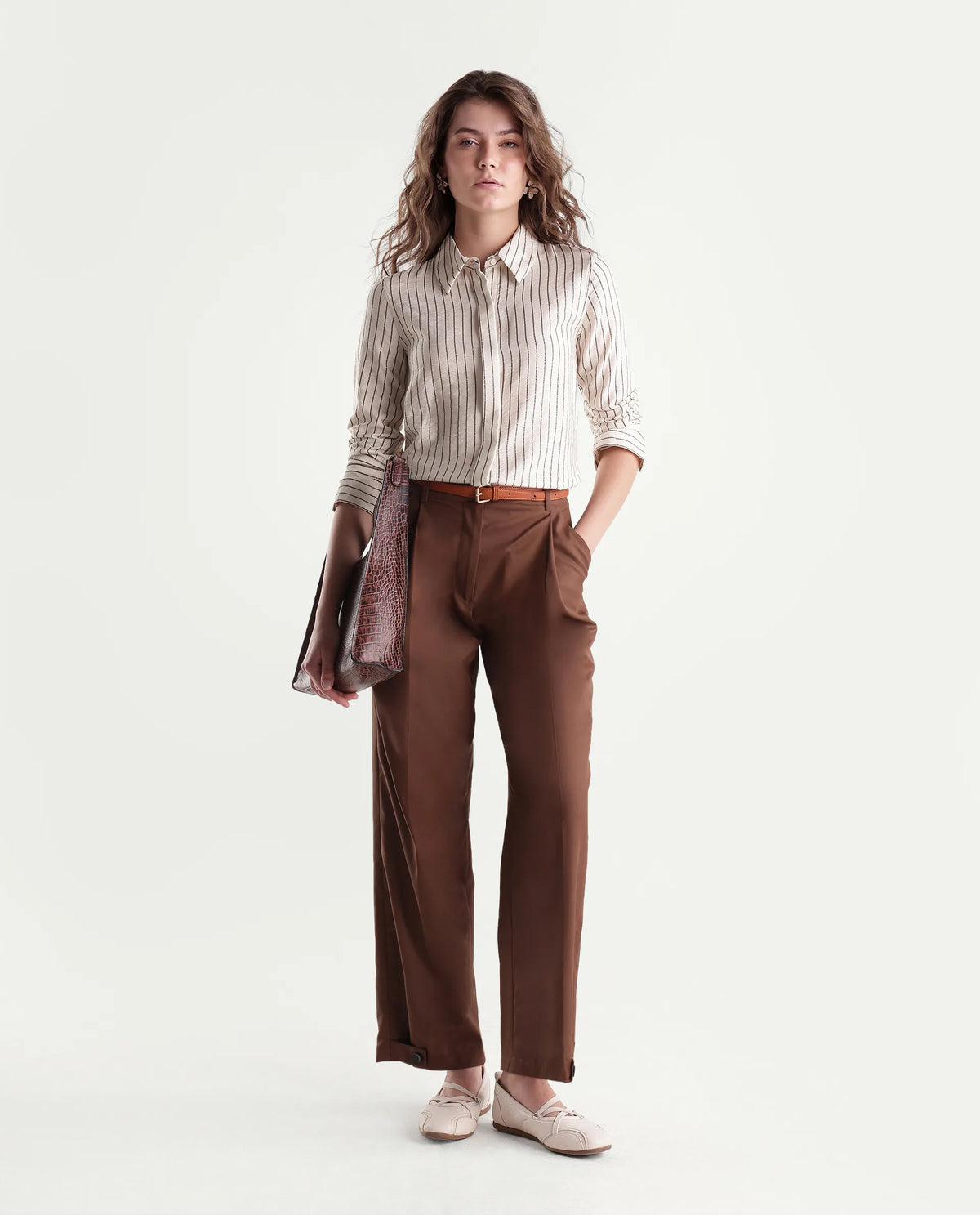 Rareism Women's Fist Primary Beige Viscose Blend Spread Collar Relaxed Striped Shirt