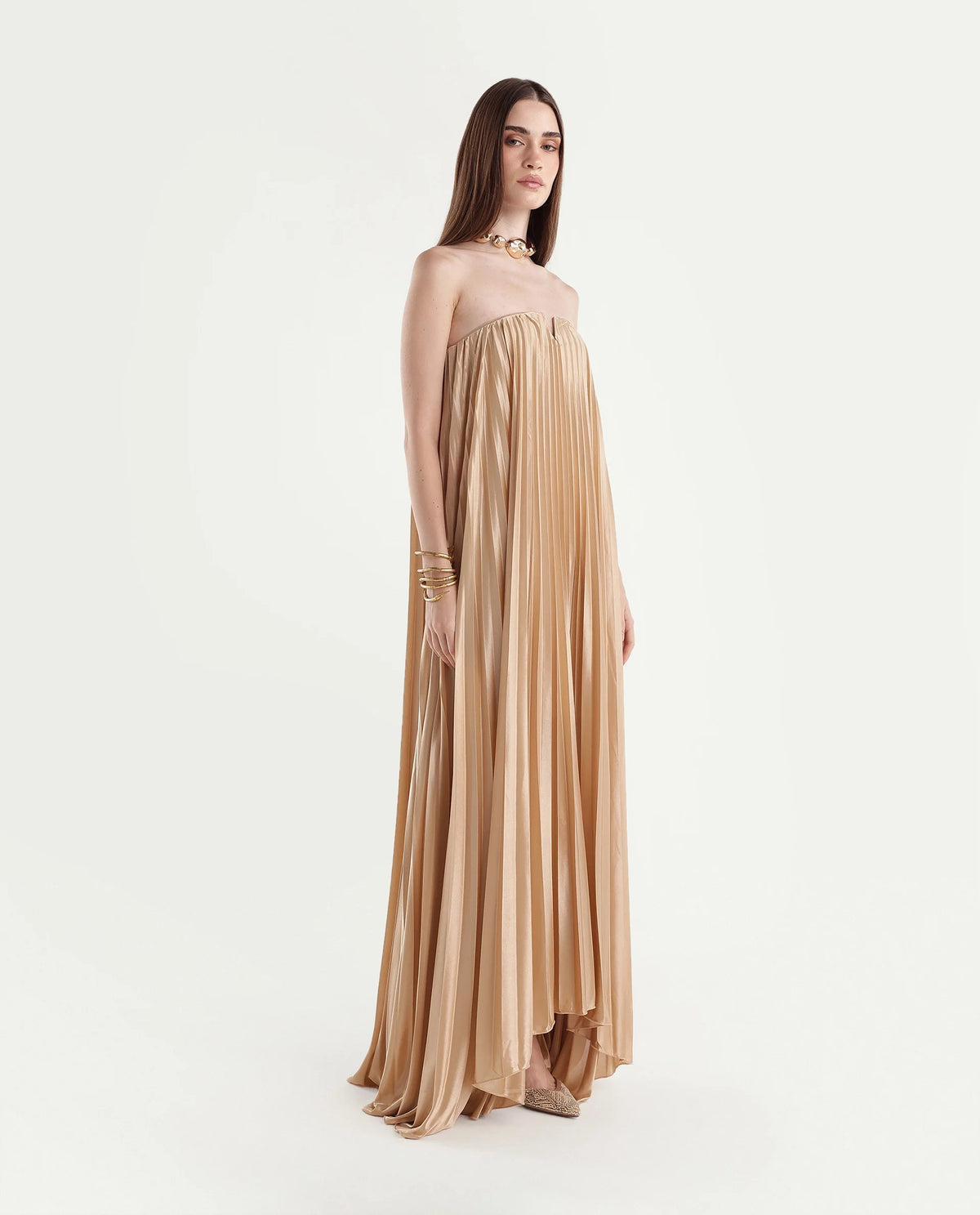 Rareism Women's Pichy Light Gold Polyester Zipper Empire Waist Plain Dress - image 4