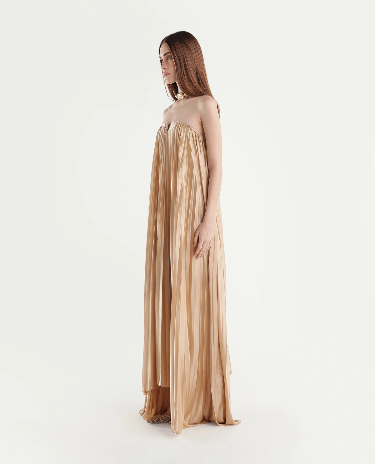Rareism Women's Pichy Light Gold Polyester Zipper Empire Waist Plain Dress - image 5