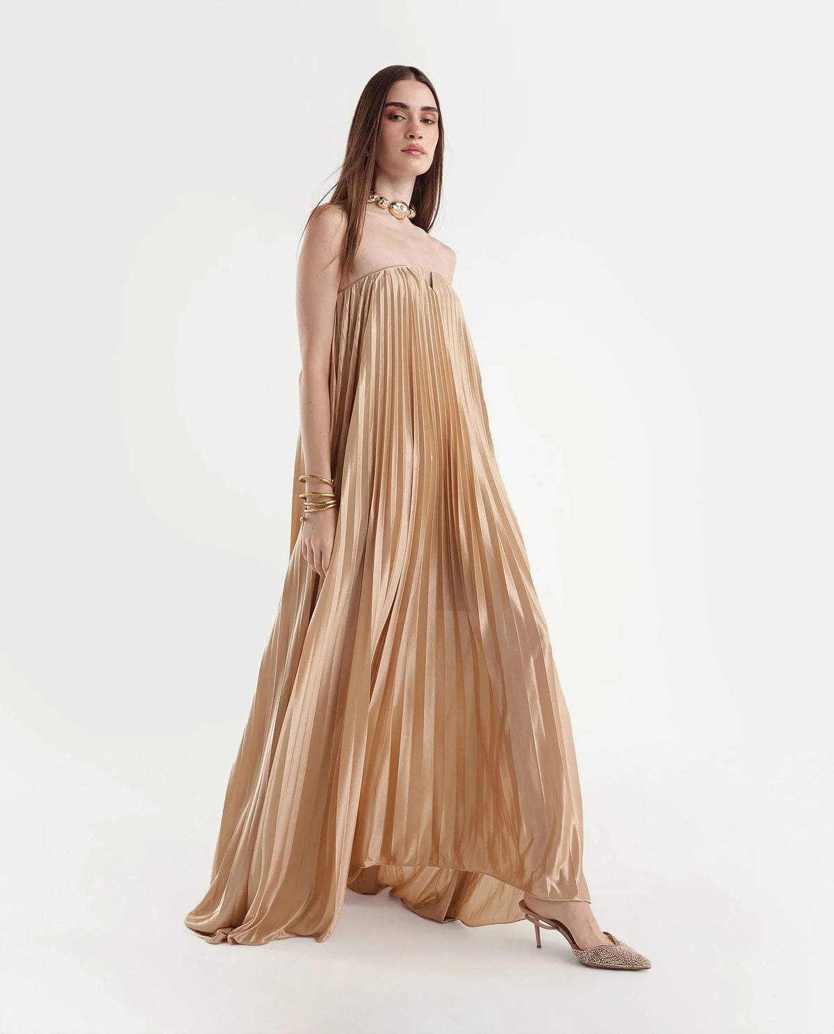 Rareism Women's Pichy Light Gold Polyester Zipper Empire Waist Plain Dress - image 7