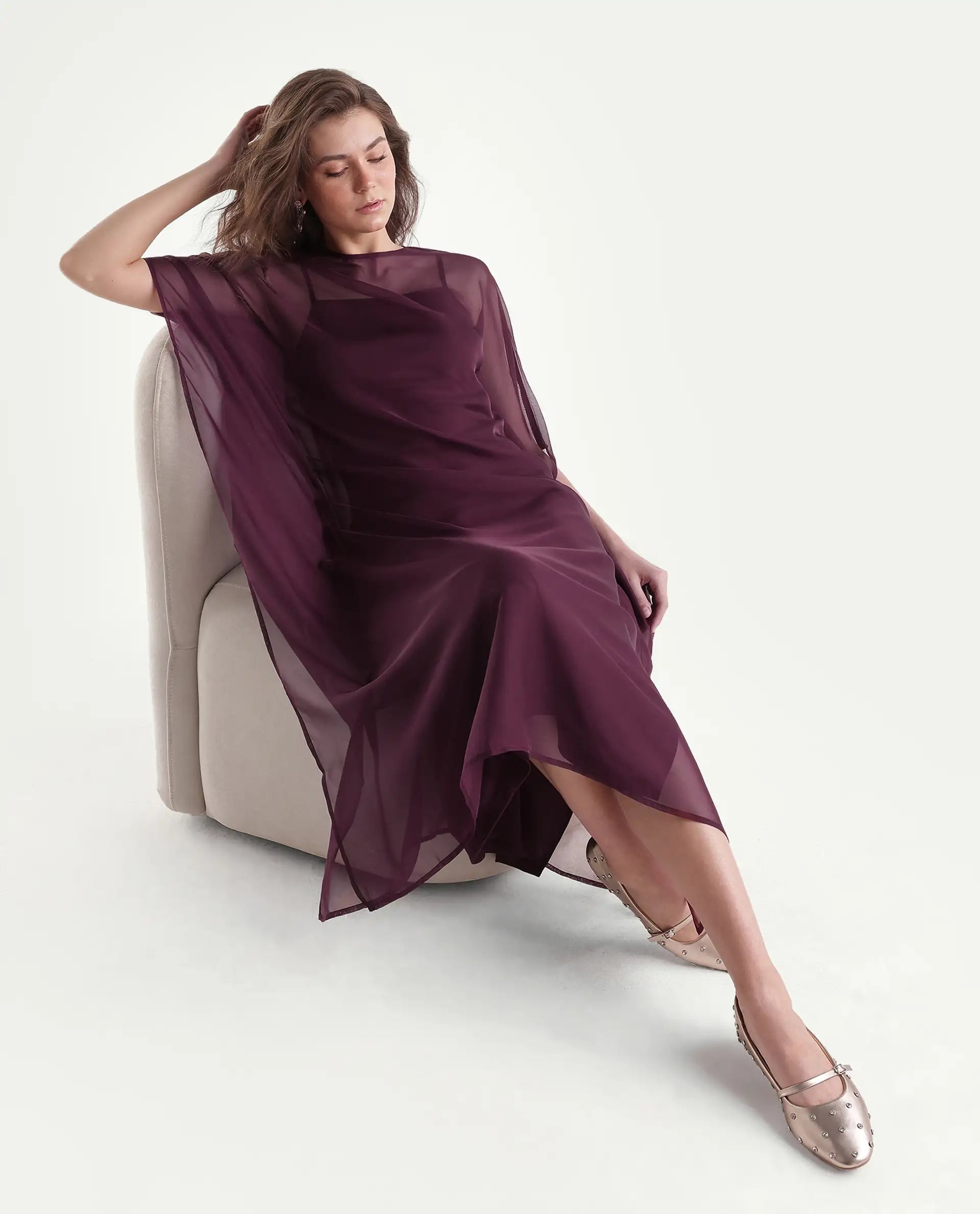 Rareism Women's Xikan Primary Maroon Polyester High Neck Kaftan Plain Dress