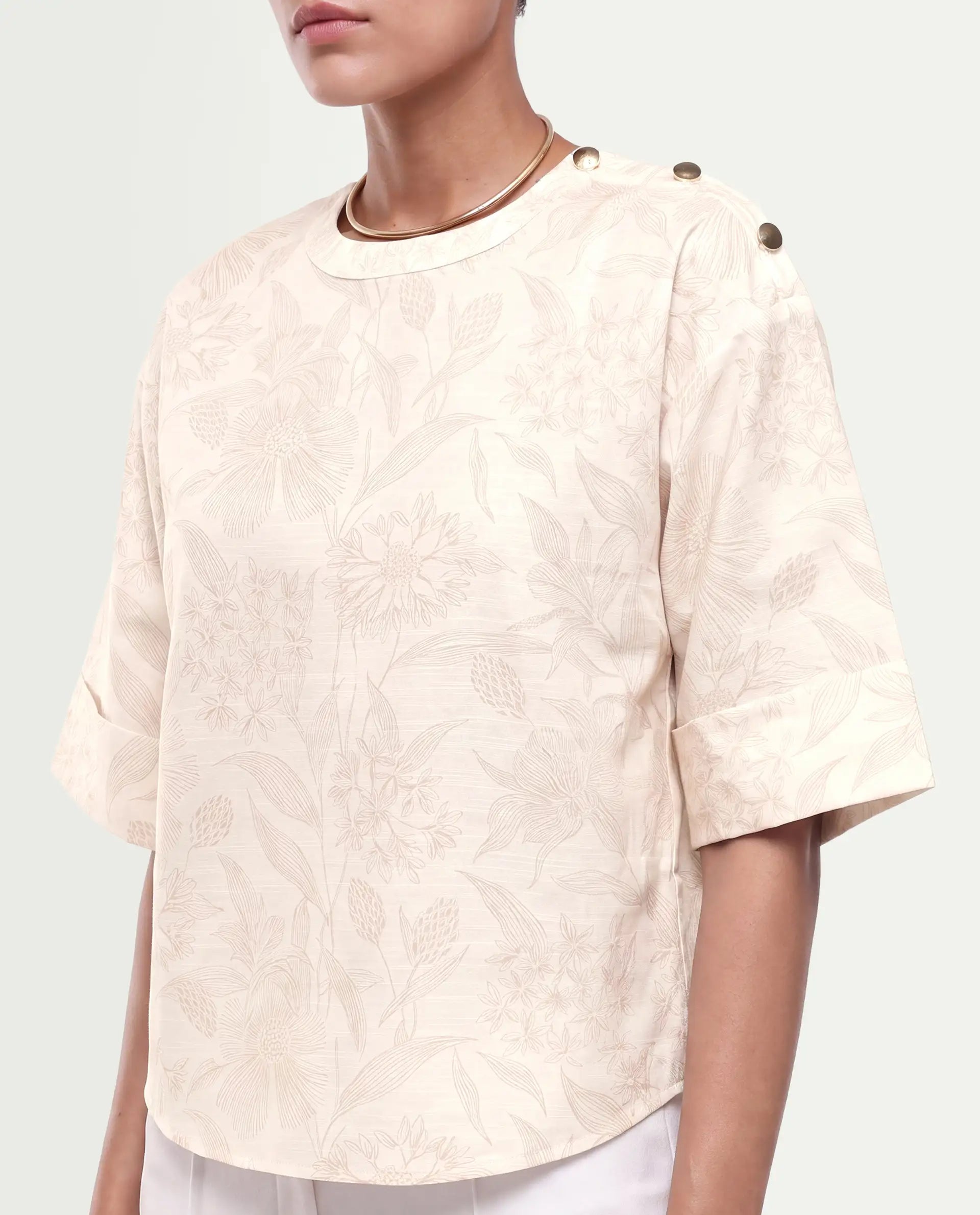 Rareism Women's Ozaro Beige Linen Blend Crew Neck Relaxed Floral Print Top