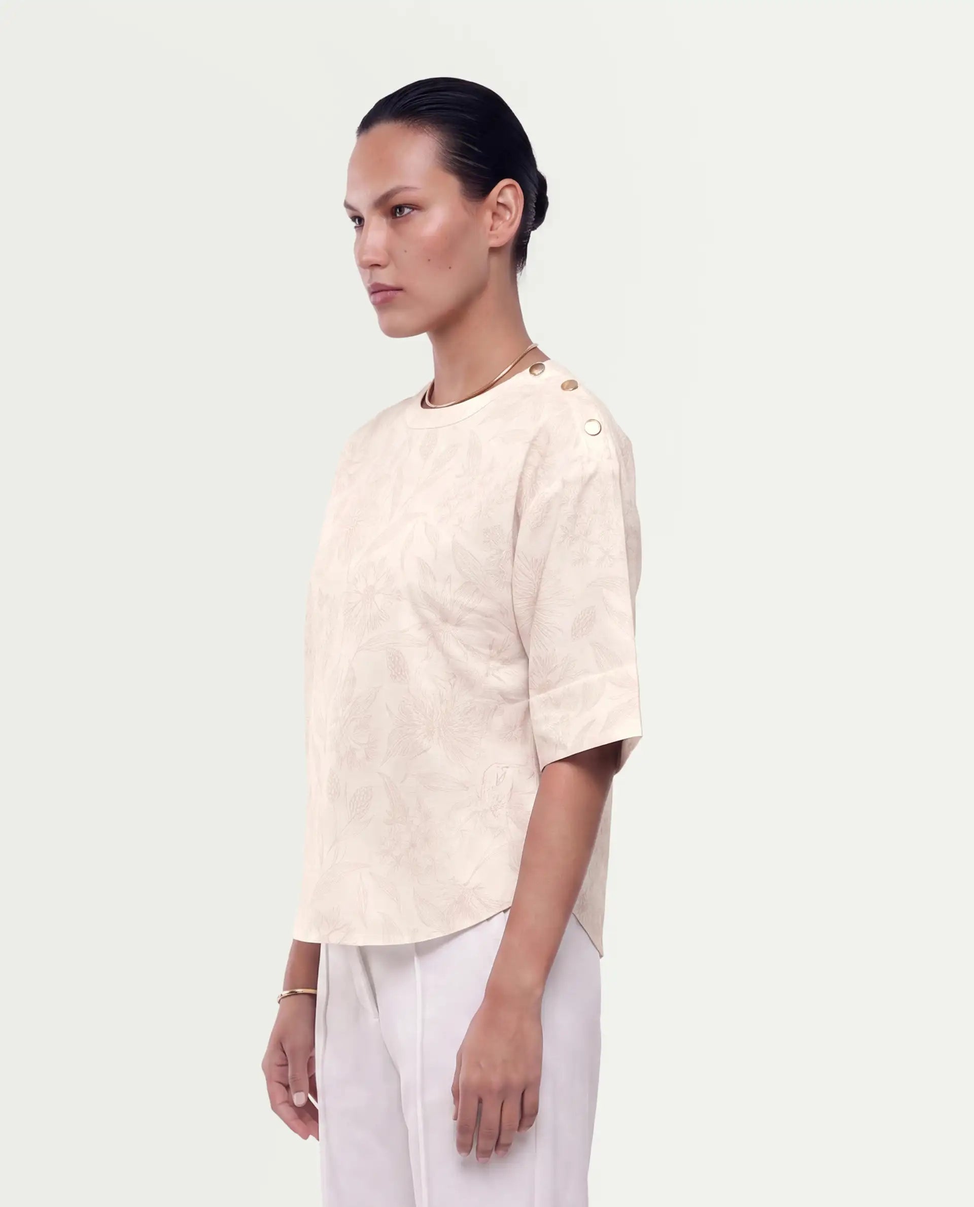 Rareism Women's Ozaro Beige Linen Blend Crew Neck Relaxed Floral Print Top