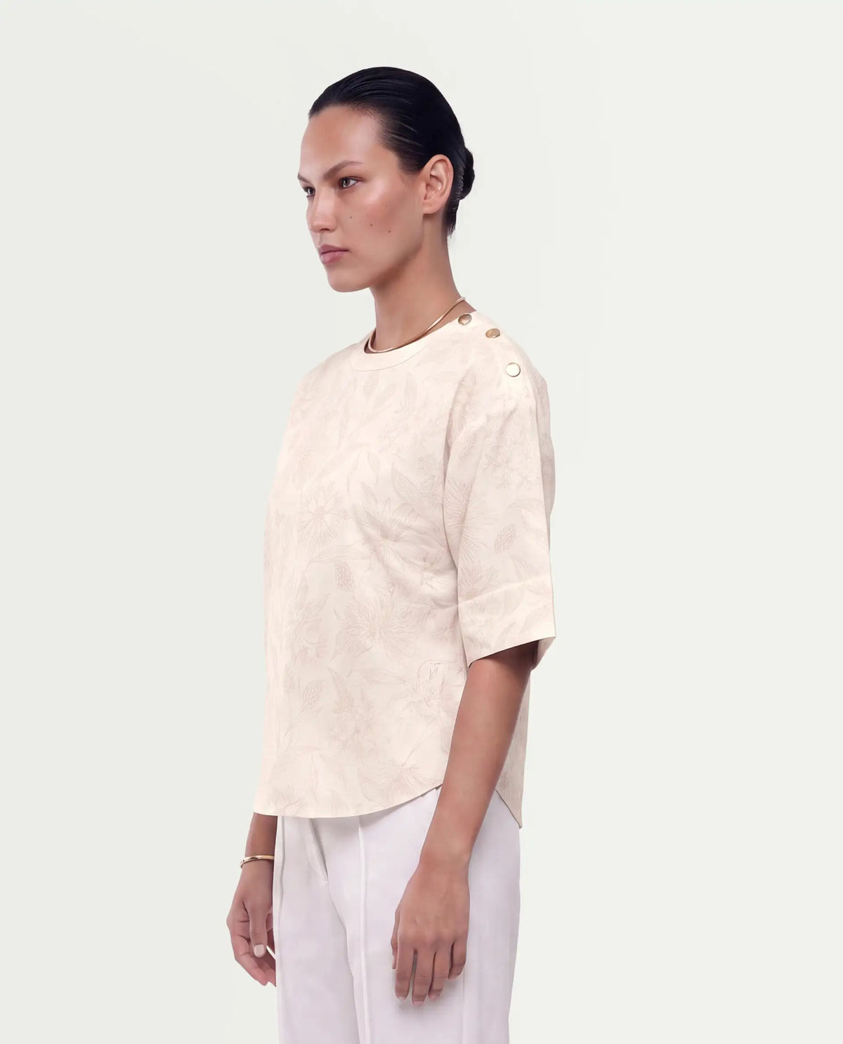Rareism Women's Ozaro Beige Linen Blend Crew Neck Relaxed Floral Print Top