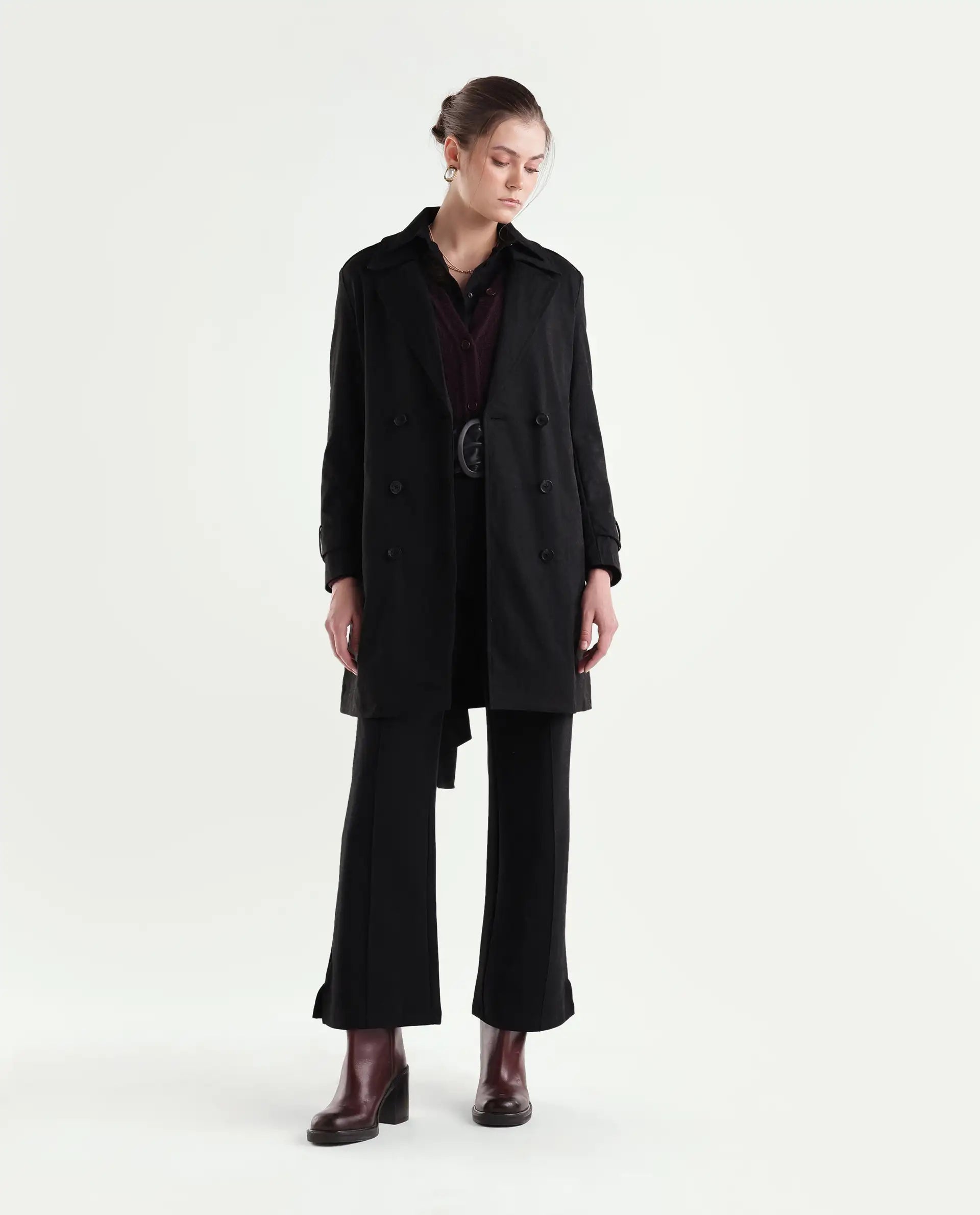 Rareism Women's Kench Black Polyester Blend Lapel Neck Relaxed Plain Coat