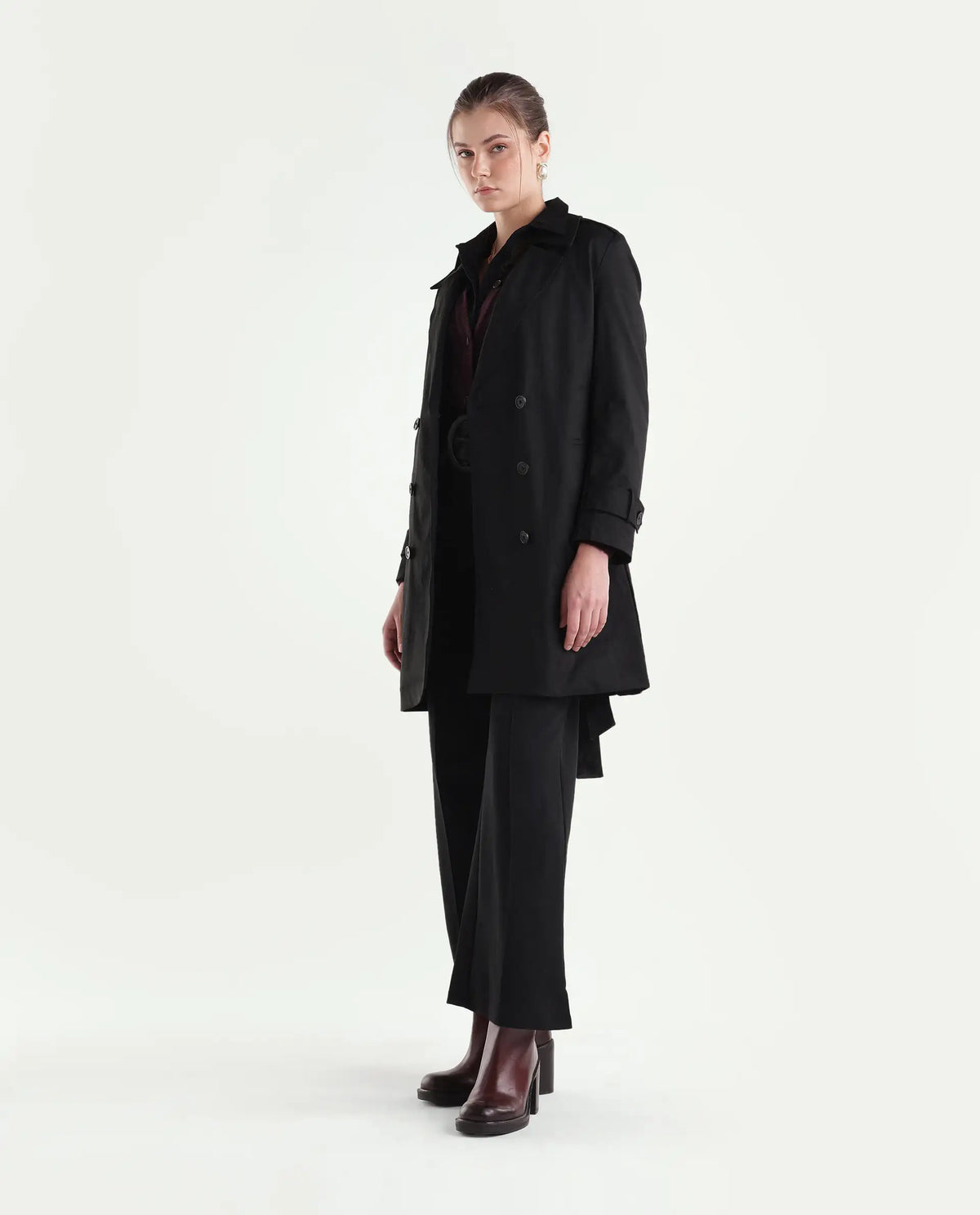 Rareism Women's Kench Black Polyester Blend Lapel Neck Relaxed Plain Coat