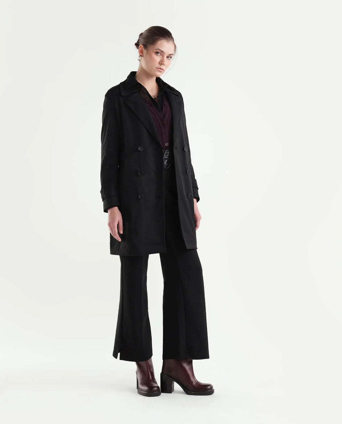 Rareism Women's Kench Black Polyester Blend Lapel Neck Relaxed Plain Coat